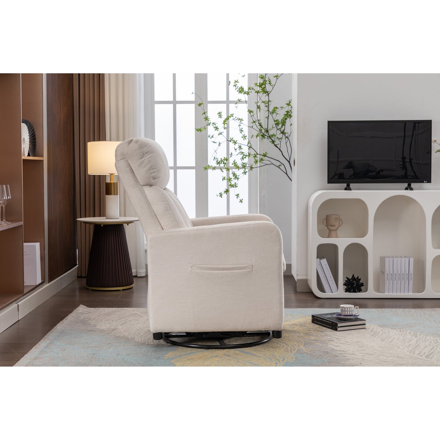 022-Fauteuil à bascule pivotant en lin avec poche