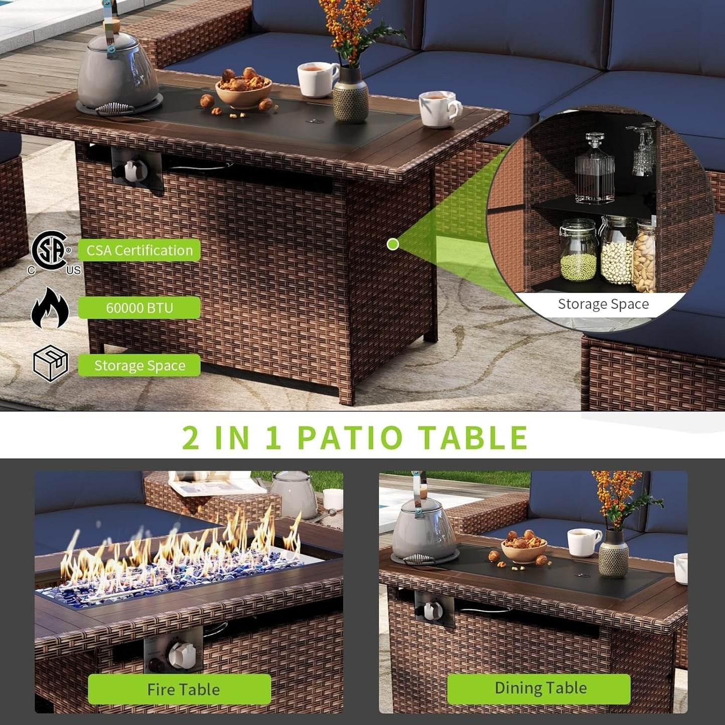 Ensemble de meubles de patio 10 pièces avec table et foyer