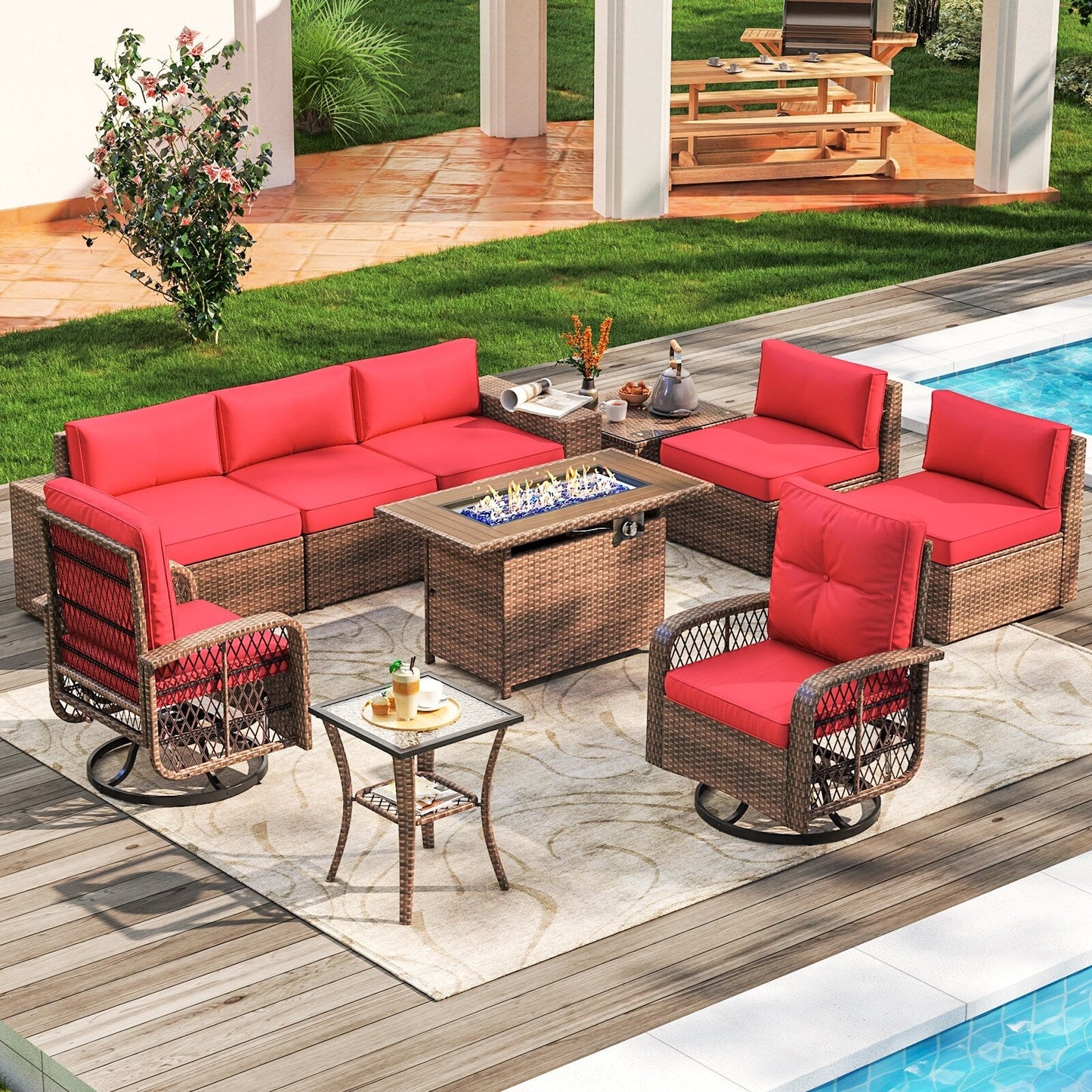 Ensemble de meubles de patio 10 pièces avec table et foyer