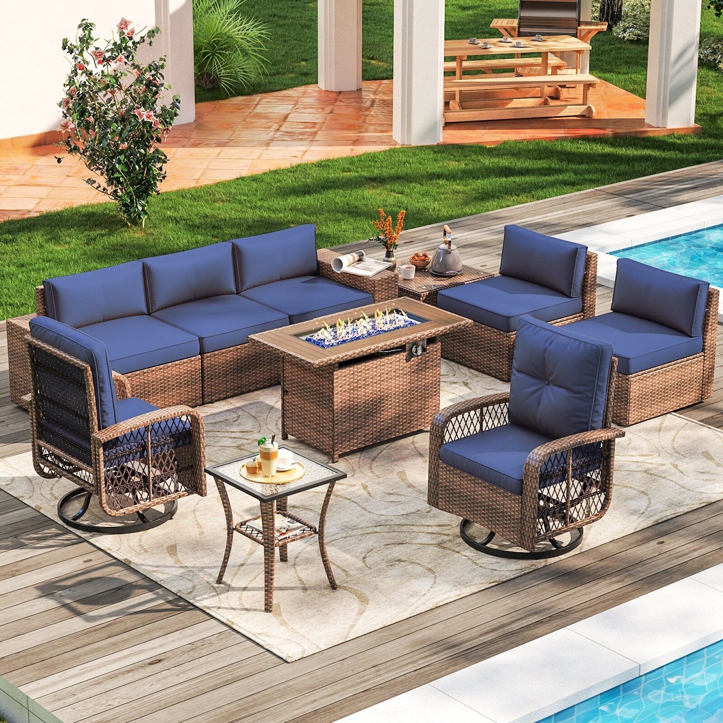 Ensemble de meubles de patio 10 pièces avec table et foyer