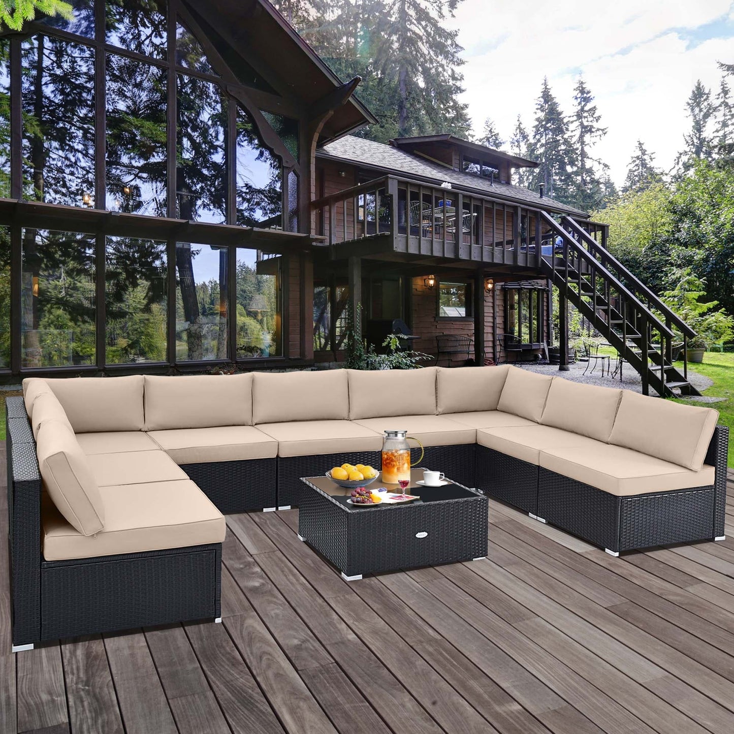 Ensemble de meubles de patio en rotin 10 pièces avec canapé en osier, table et siège rembourré