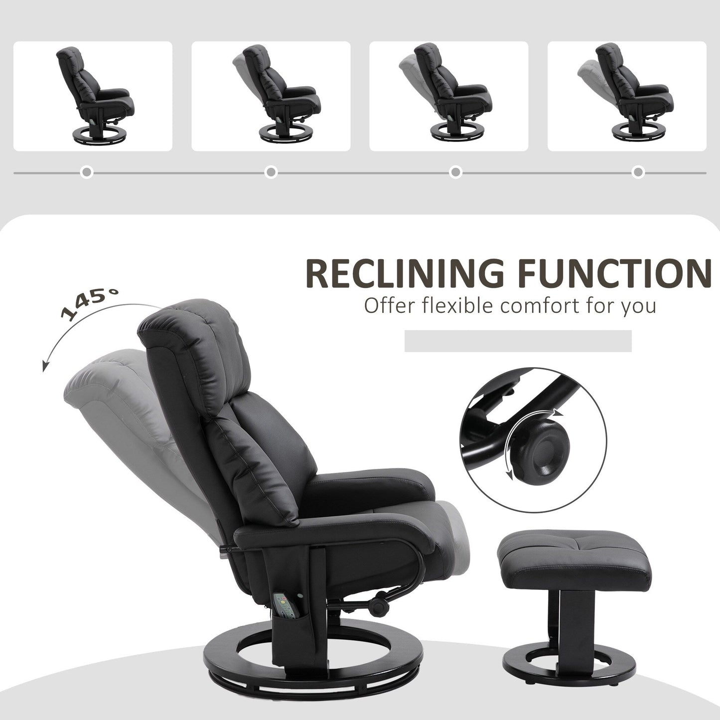 Fauteuil de massage à vibrations 10 points, pivotant et inclinable, en cuir PU, avec dossier réglable, repose-pieds et télécommande