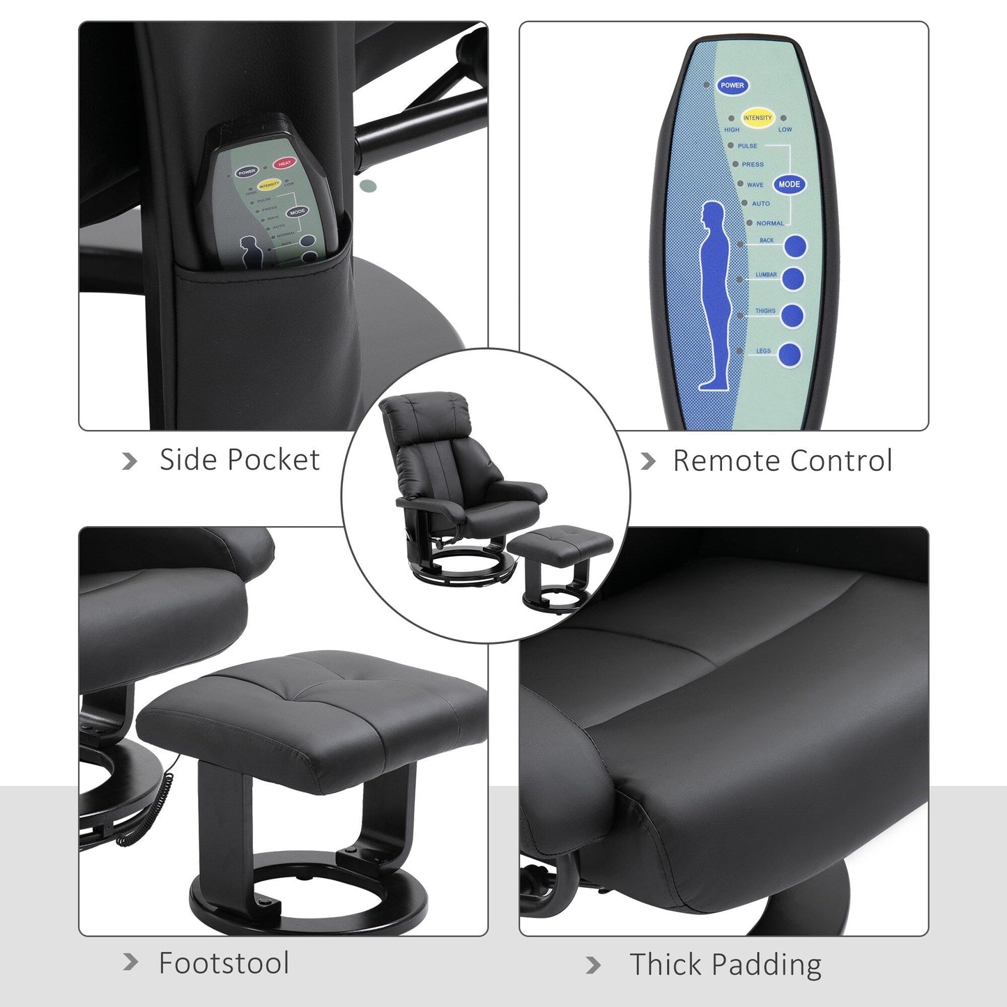 Fauteuil de massage à vibrations 10 points, pivotant et inclinable, en cuir PU, avec dossier réglable, repose-pieds et télécommande