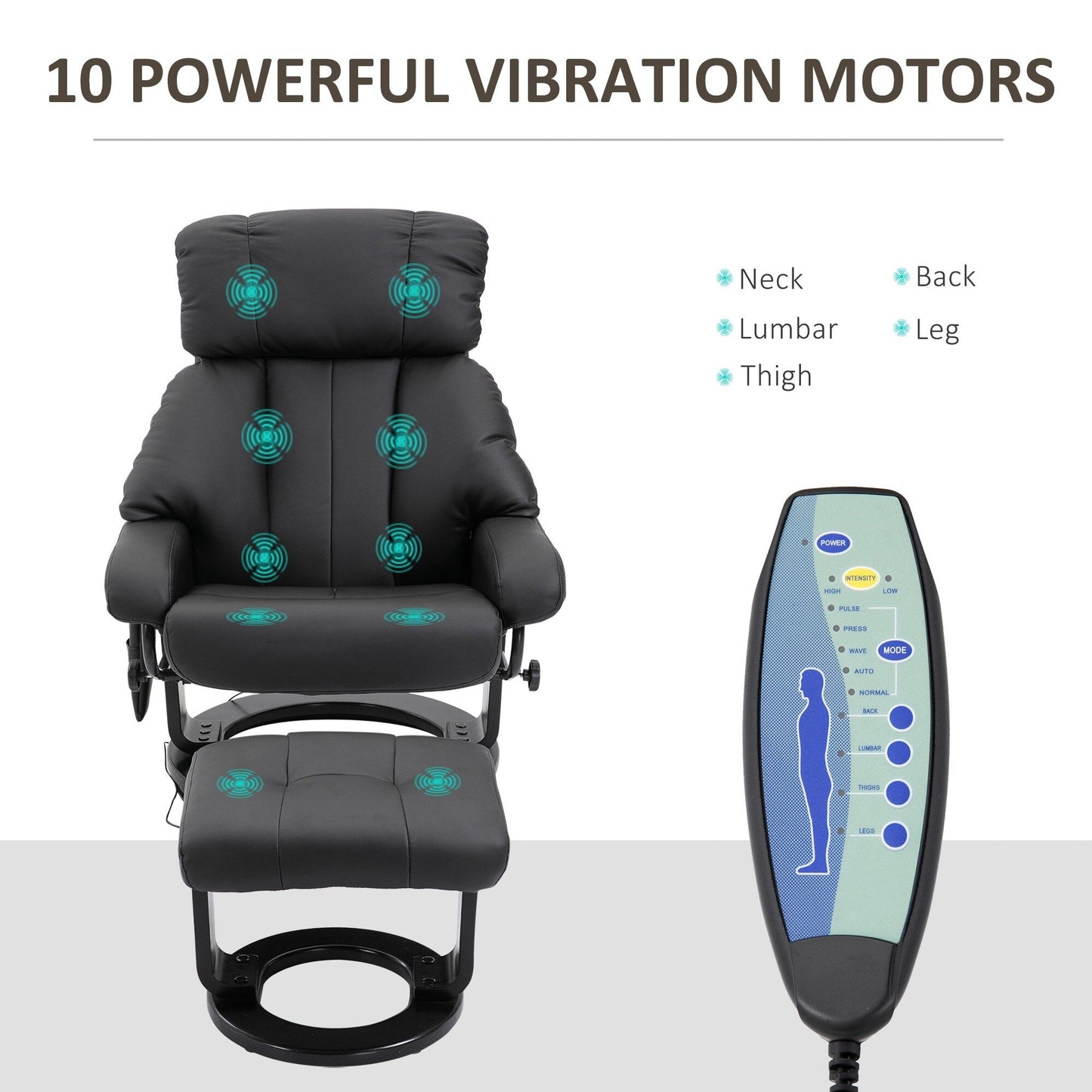 Fauteuil de massage à vibrations 10 points, pivotant et inclinable, en cuir PU, avec dossier réglable, repose-pieds et télécommande