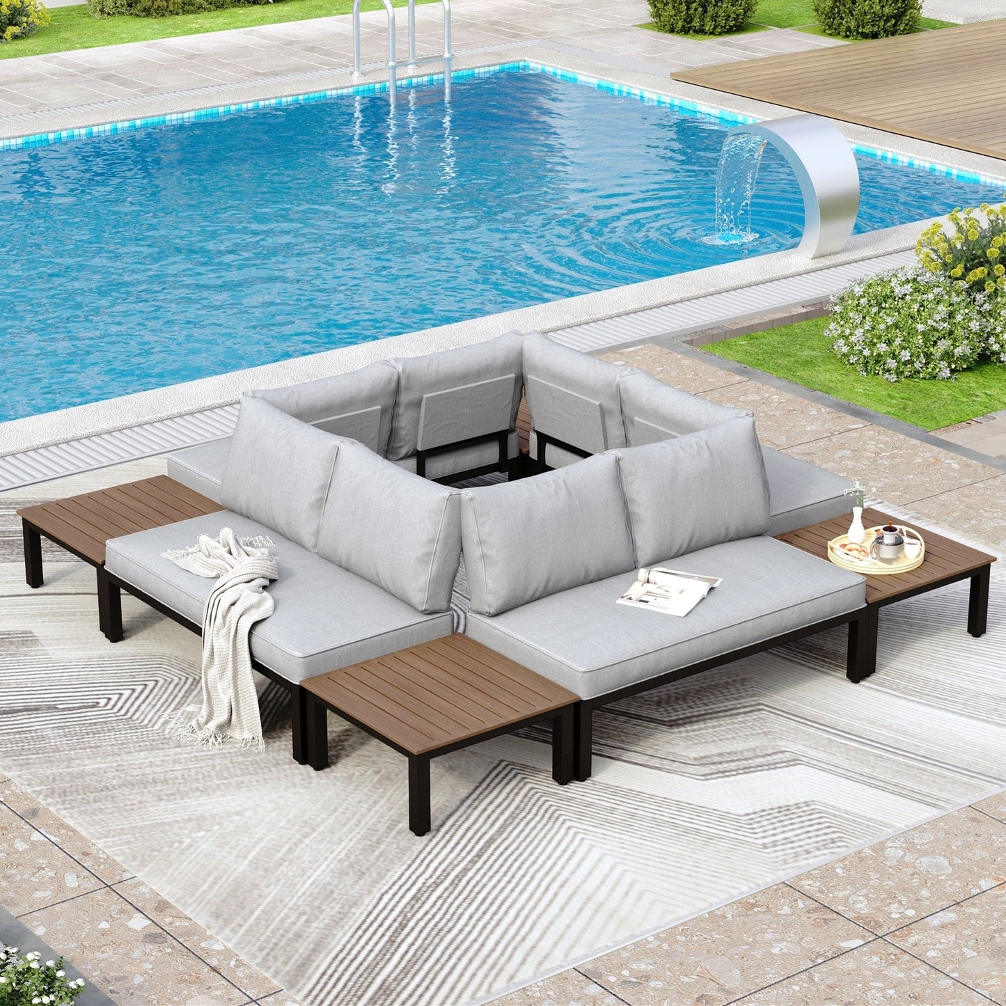 Ensemble de canapés sectionnels de patio 10 places, cadre en acier avec revêtement électrolytique, ensembles de conversation avec table d'appoint intégrée, coussin gris