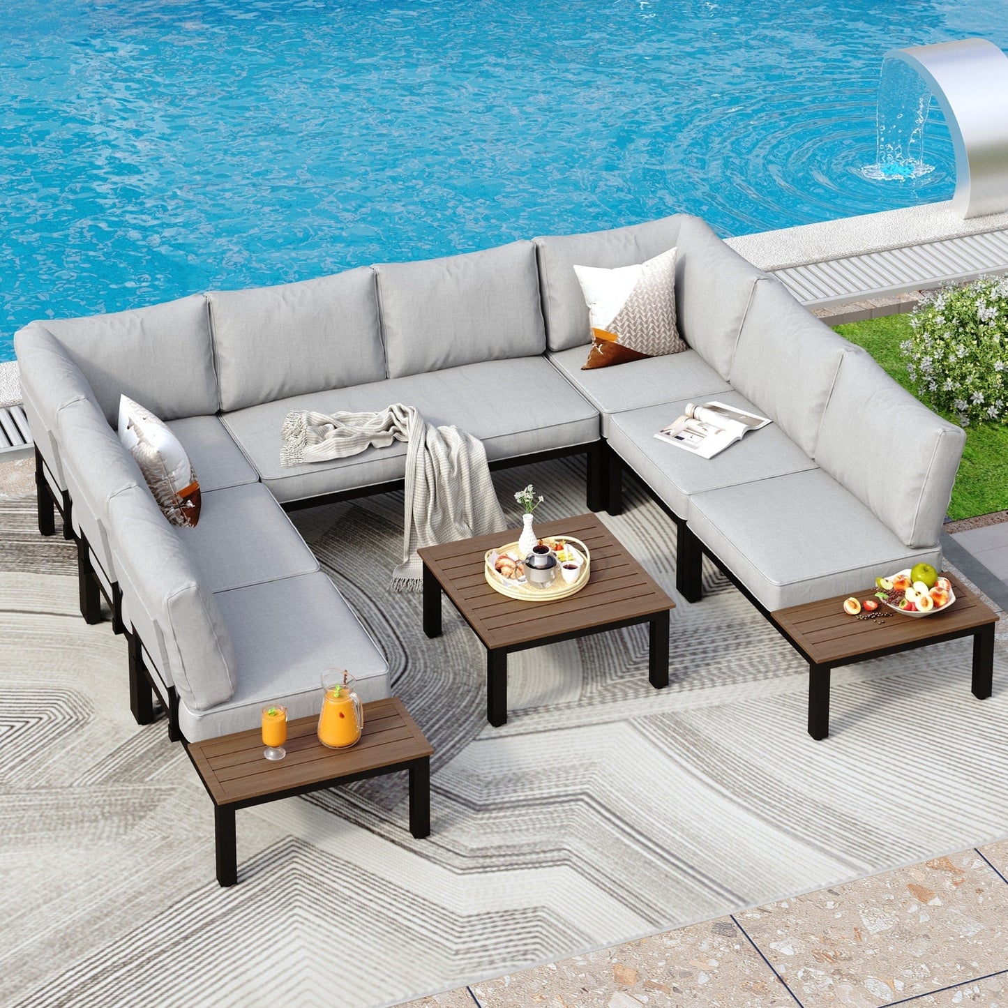 Ensemble de canapés sectionnels de patio 10 places, cadre en acier avec revêtement électrolytique, ensembles de conversation avec table d'appoint intégrée, coussin gris