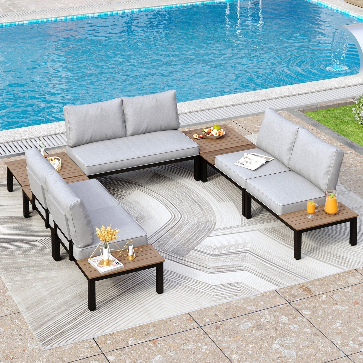 Ensemble de canapés sectionnels de patio 10 places, cadre en acier avec revêtement électrolytique, ensembles de conversation avec table d'appoint intégrée, coussin gris