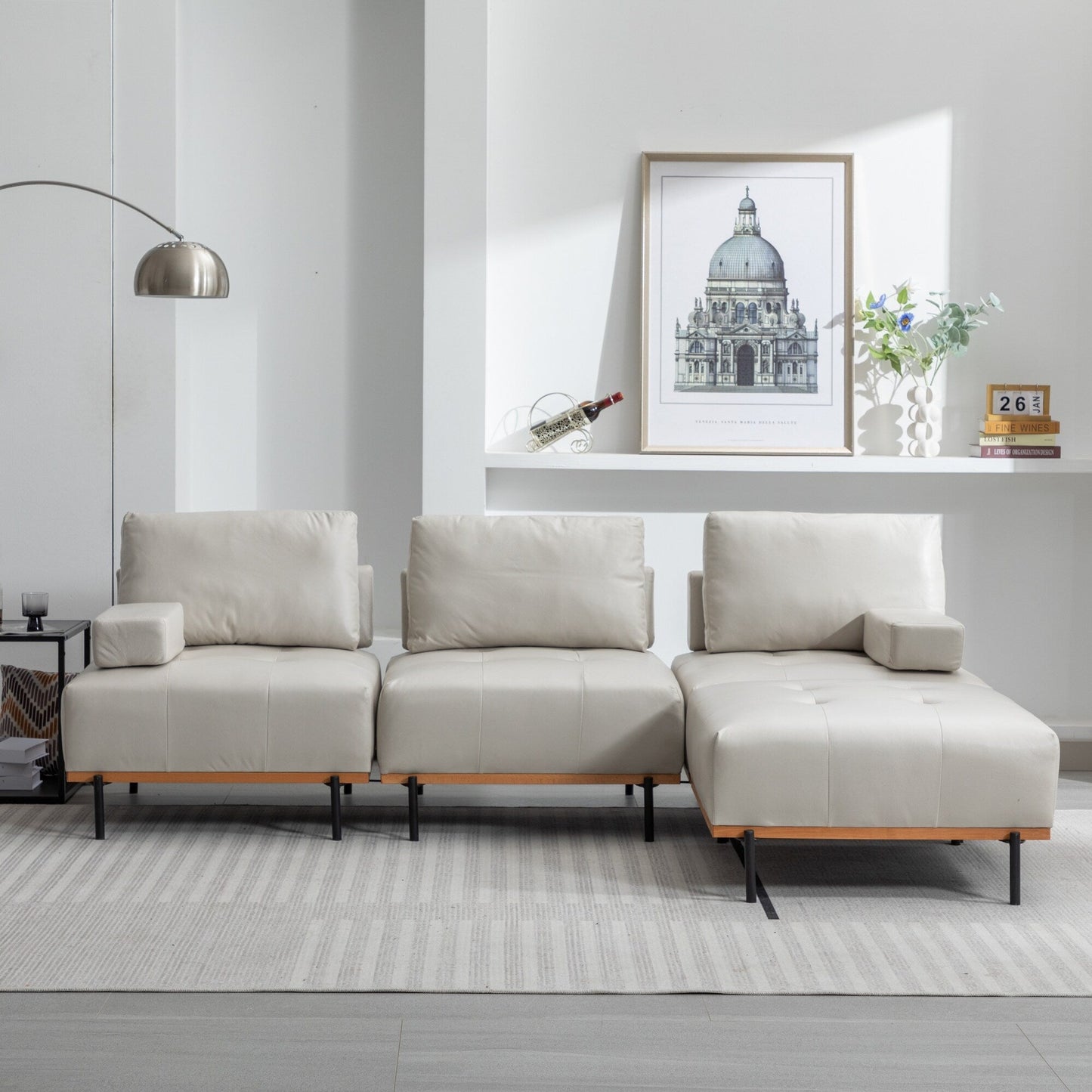 Canapé en L en tissu de 100,7 po avec pouf amovible et pieds en métal