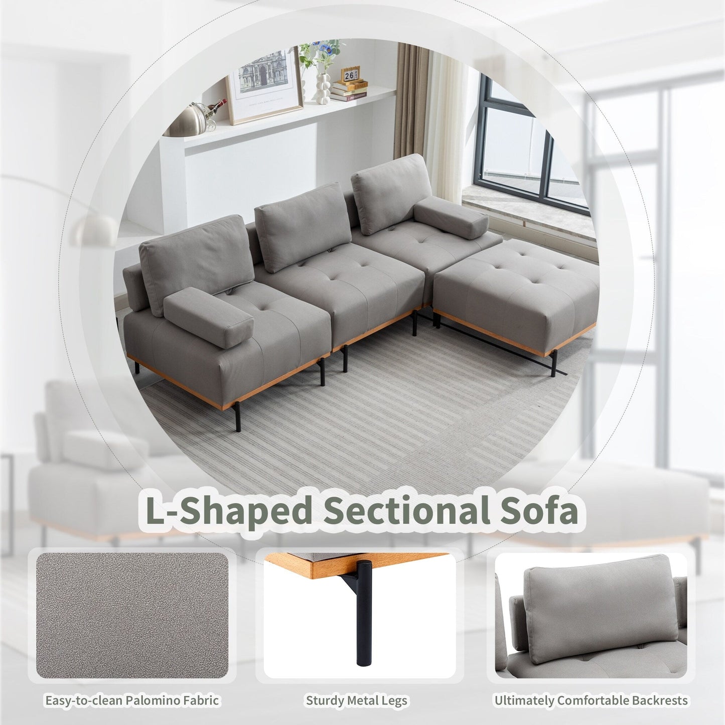 Canapé en L en tissu de 100,7 po avec pouf amovible et pieds en métal
