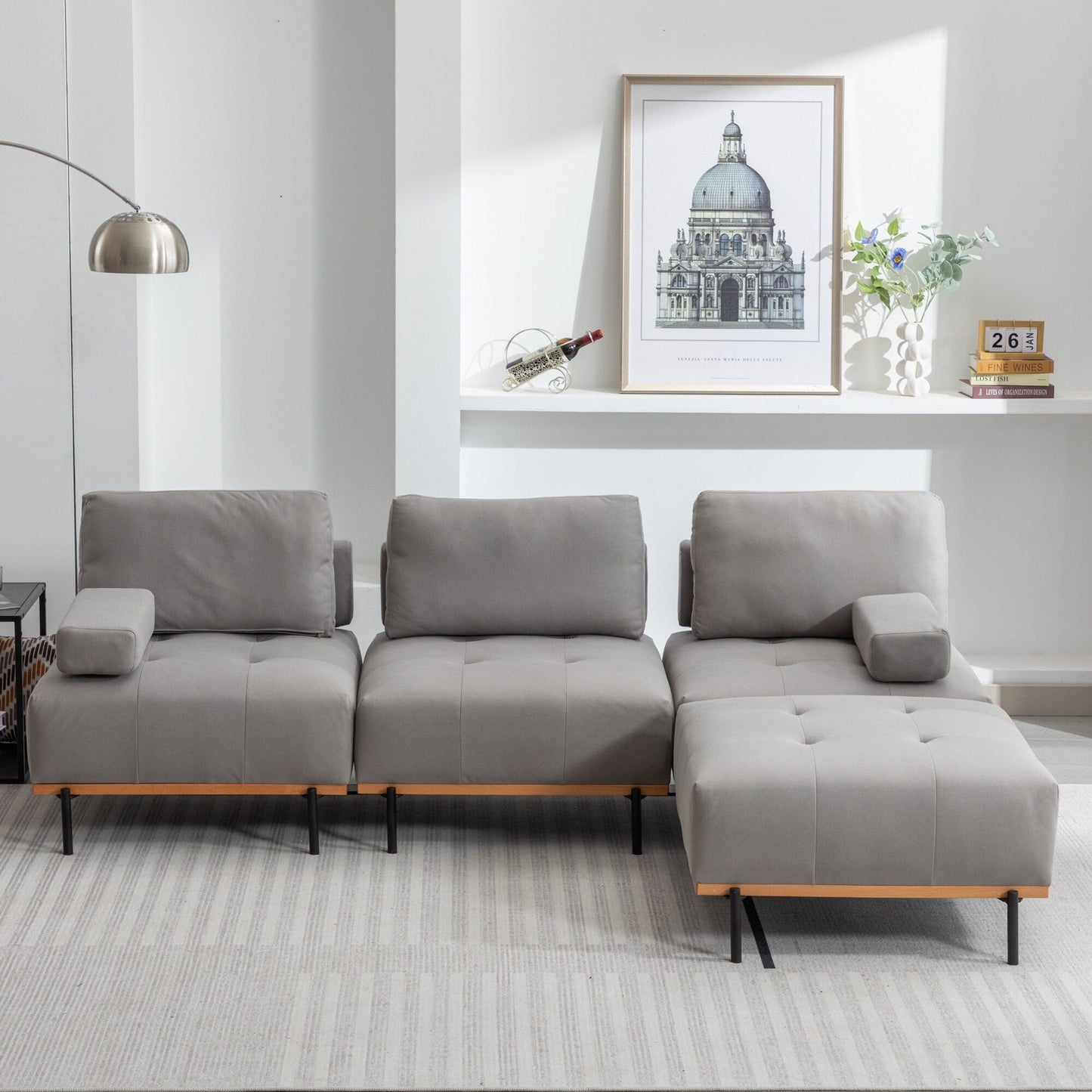 Canapé en L en tissu de 100,7 po avec pouf amovible et pieds en métal