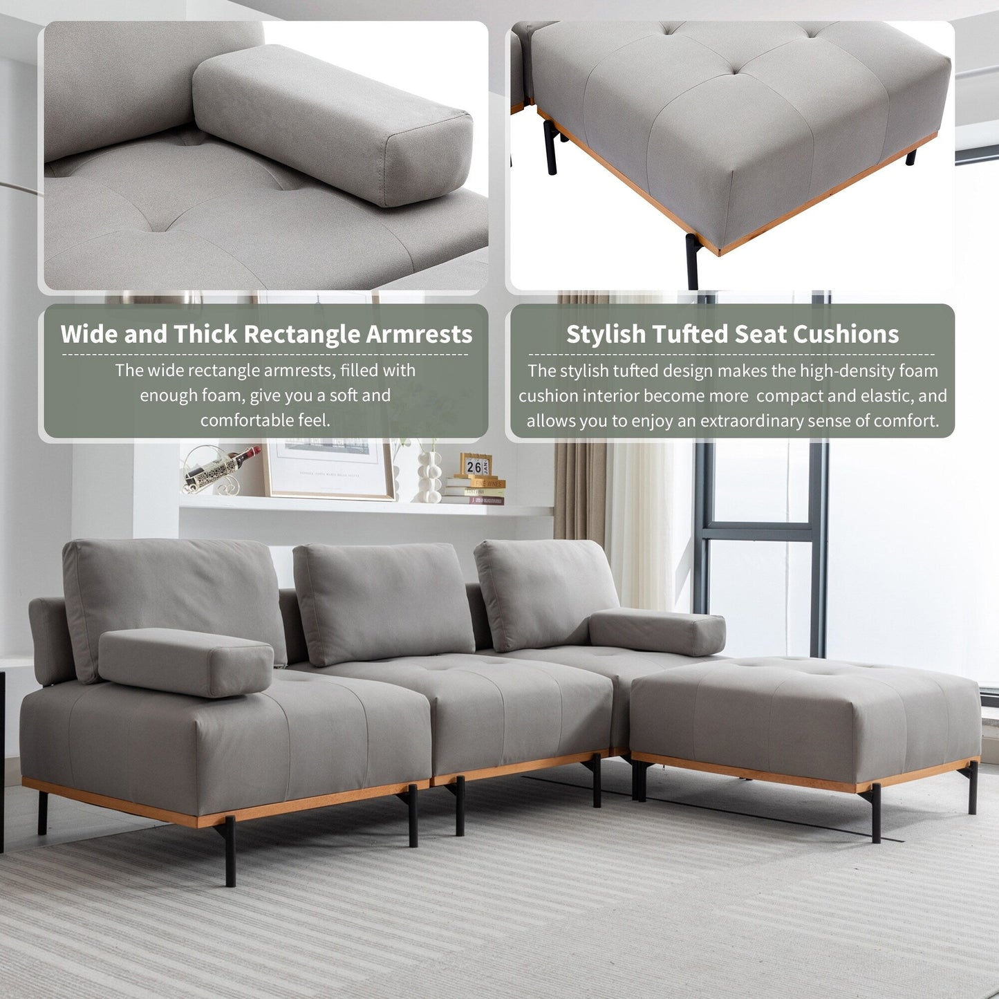 Canapé en L en tissu de 100,7 po avec pouf amovible et pieds en métal