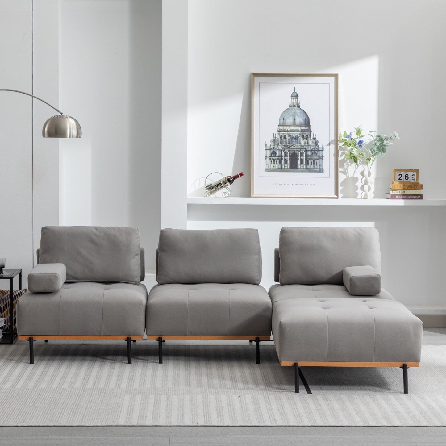 Canapé en L en tissu de 100,7 po avec pouf amovible et pieds en métal
