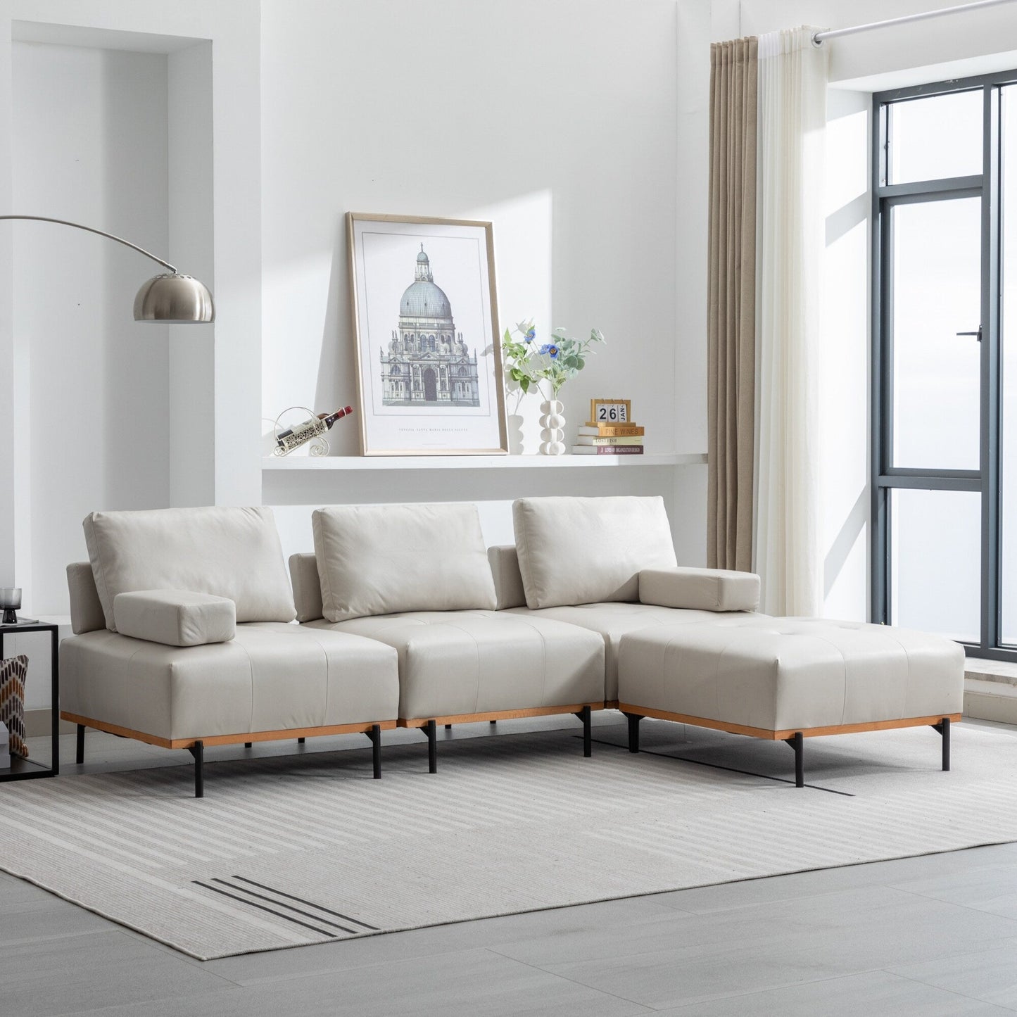 Canapé en L en tissu de 100,7 po avec pouf amovible et pieds en métal
