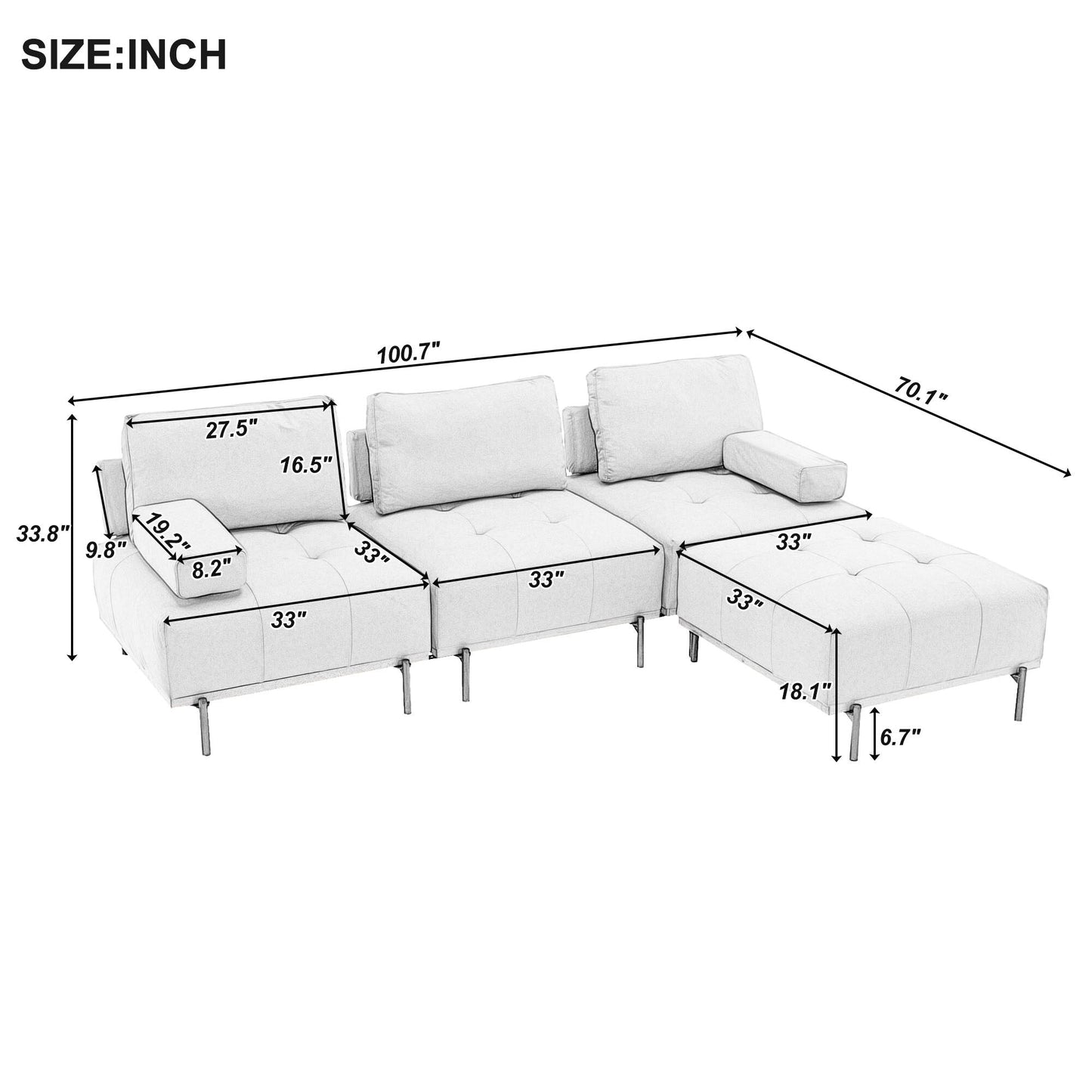 Canapé en L en tissu de 100,7 po avec pouf amovible et pieds en métal