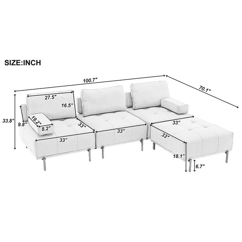 Canapé en L en tissu de 100,7 po avec pouf amovible et pieds en métal