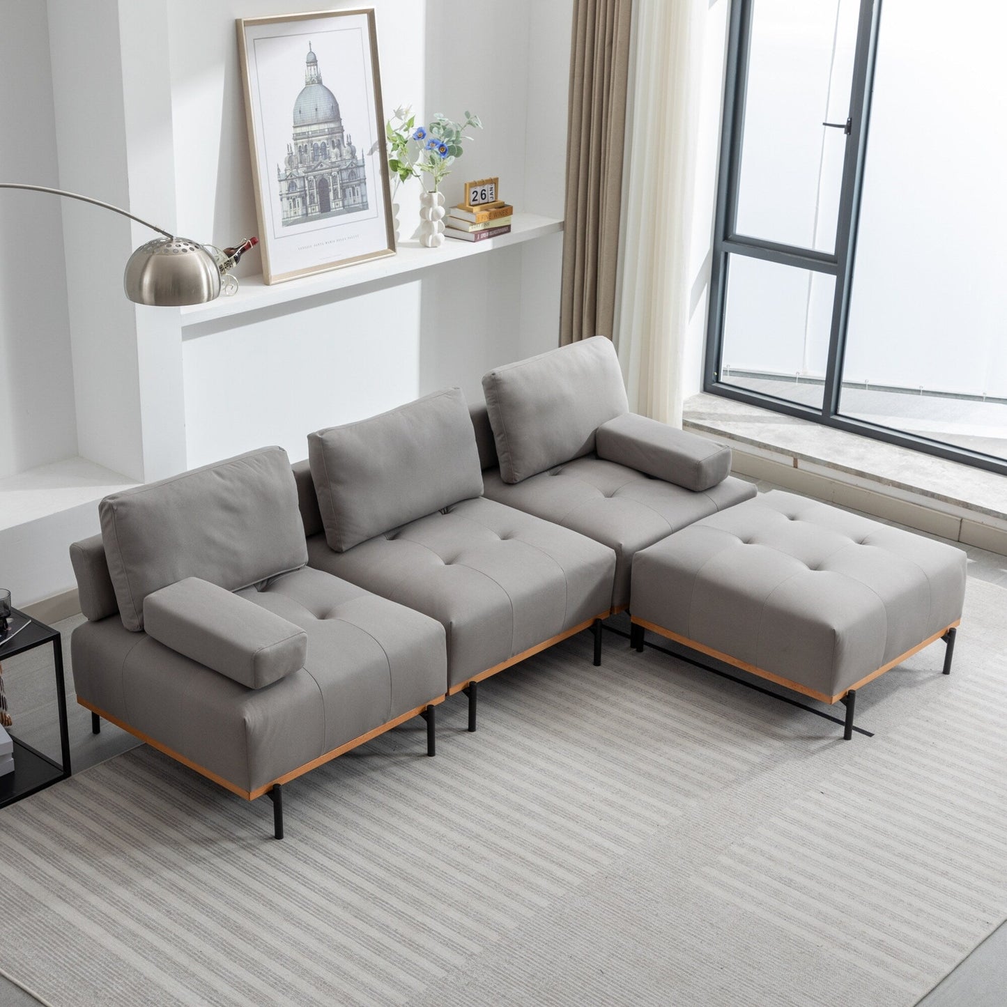 Canapé en L en tissu de 100,7 po avec pouf amovible et pieds en métal