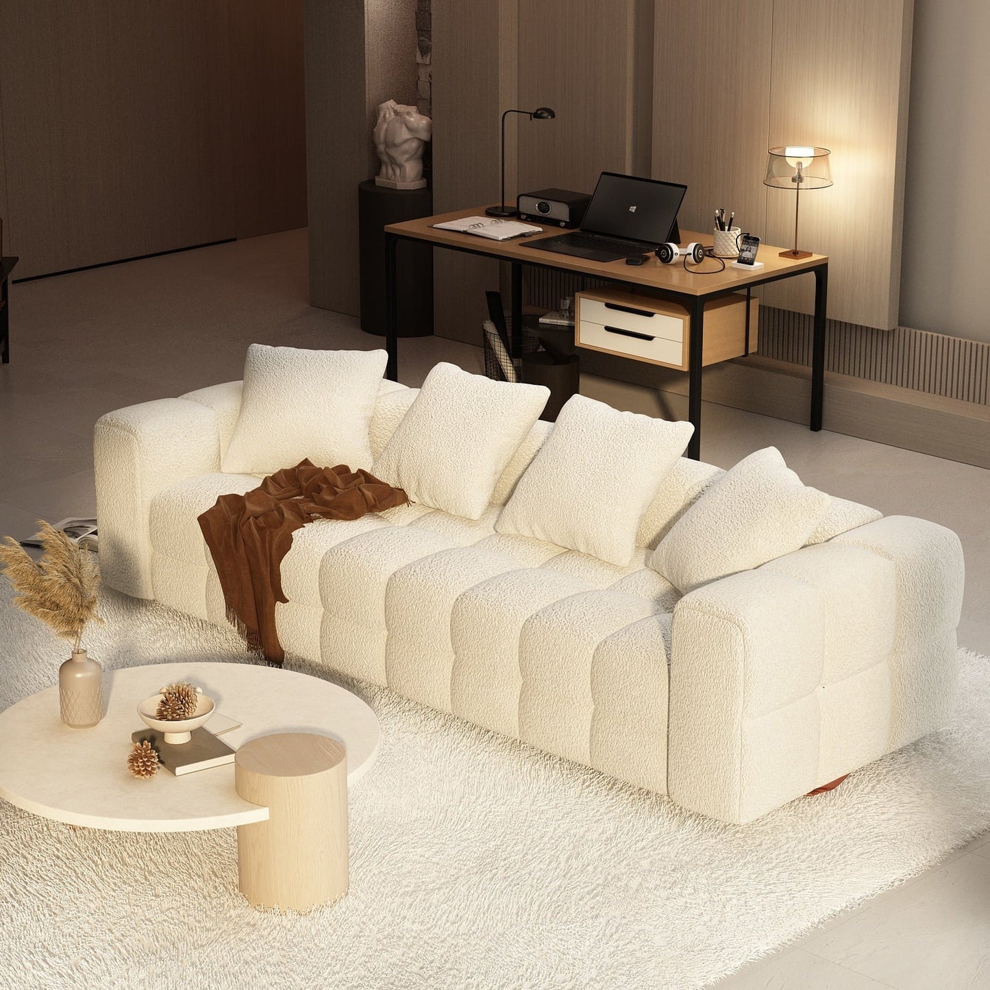 Canapé Teddy en velours blanc avec cadre en bois de 100,8 W pour 4 personnes