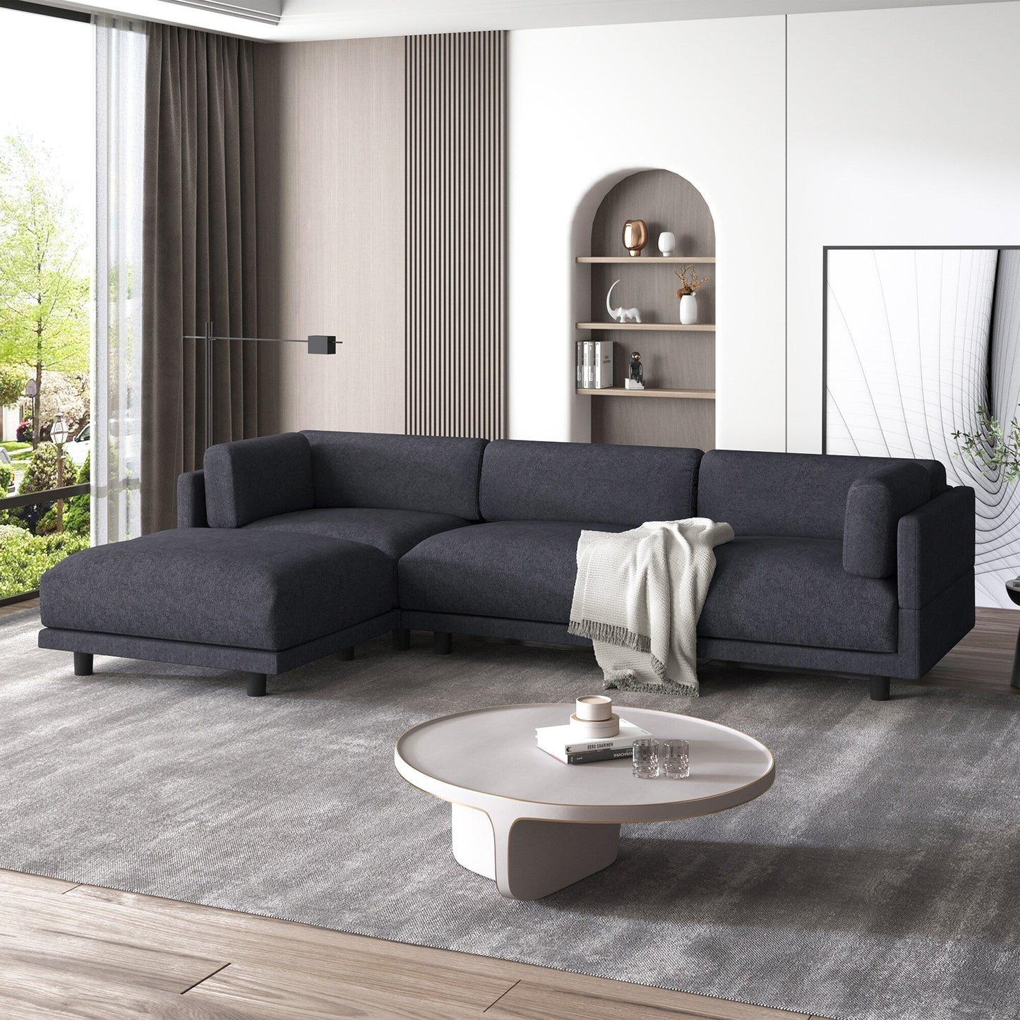 Canapé sectionnel en L en polyester 102,4 avec repose-pieds réversible, coussins épais et pieds en plastique résistants