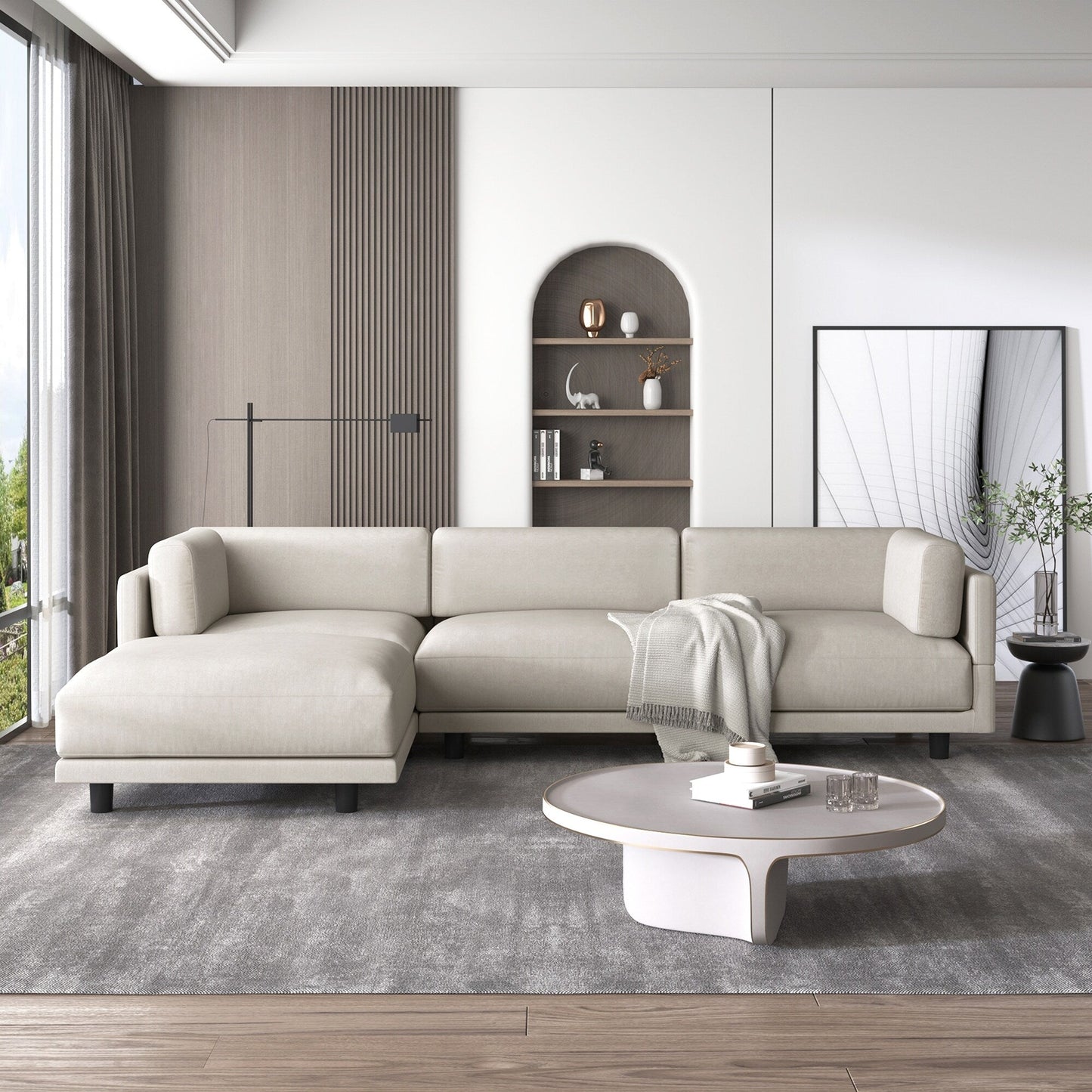 Canapé sectionnel en L en polyester 102,4 avec repose-pieds réversible, coussins épais et pieds en plastique résistants