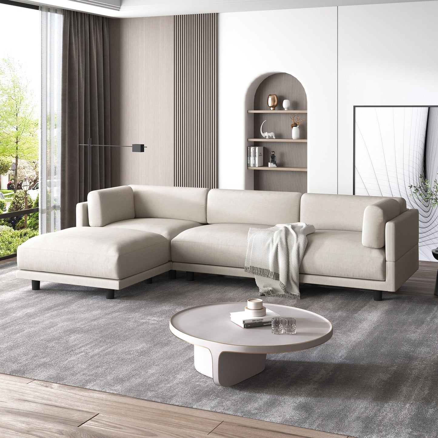 Canapé sectionnel en L en polyester 102,4 avec repose-pieds réversible, coussins épais et pieds en plastique résistants