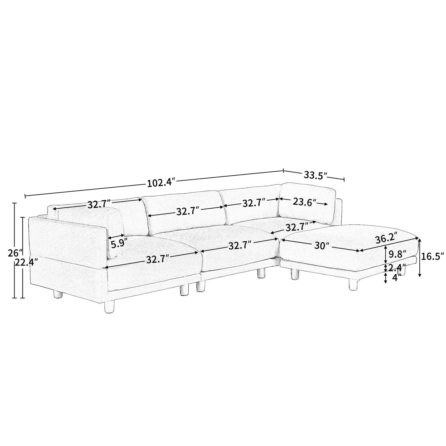 Canapé sectionnel en polyester en forme de L de 102,4 po avec pouf réversible, coussins moelleux et base en plastique robuste