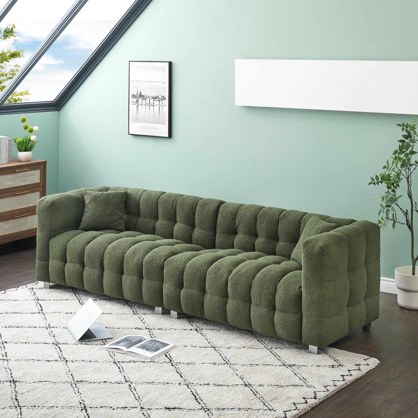 Canapé 4 places en velours Teddy de 102 pouces avec pieds en métal et coussins décoratifs, design multidirectionnel moderne pour le salon