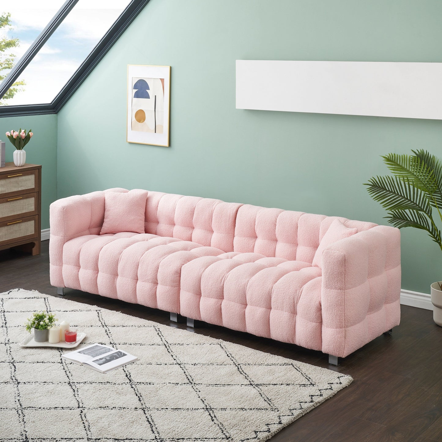 Canapé 4 places en velours Teddy de 102 pouces avec pieds en métal et coussins décoratifs, design multidirectionnel moderne pour le salon