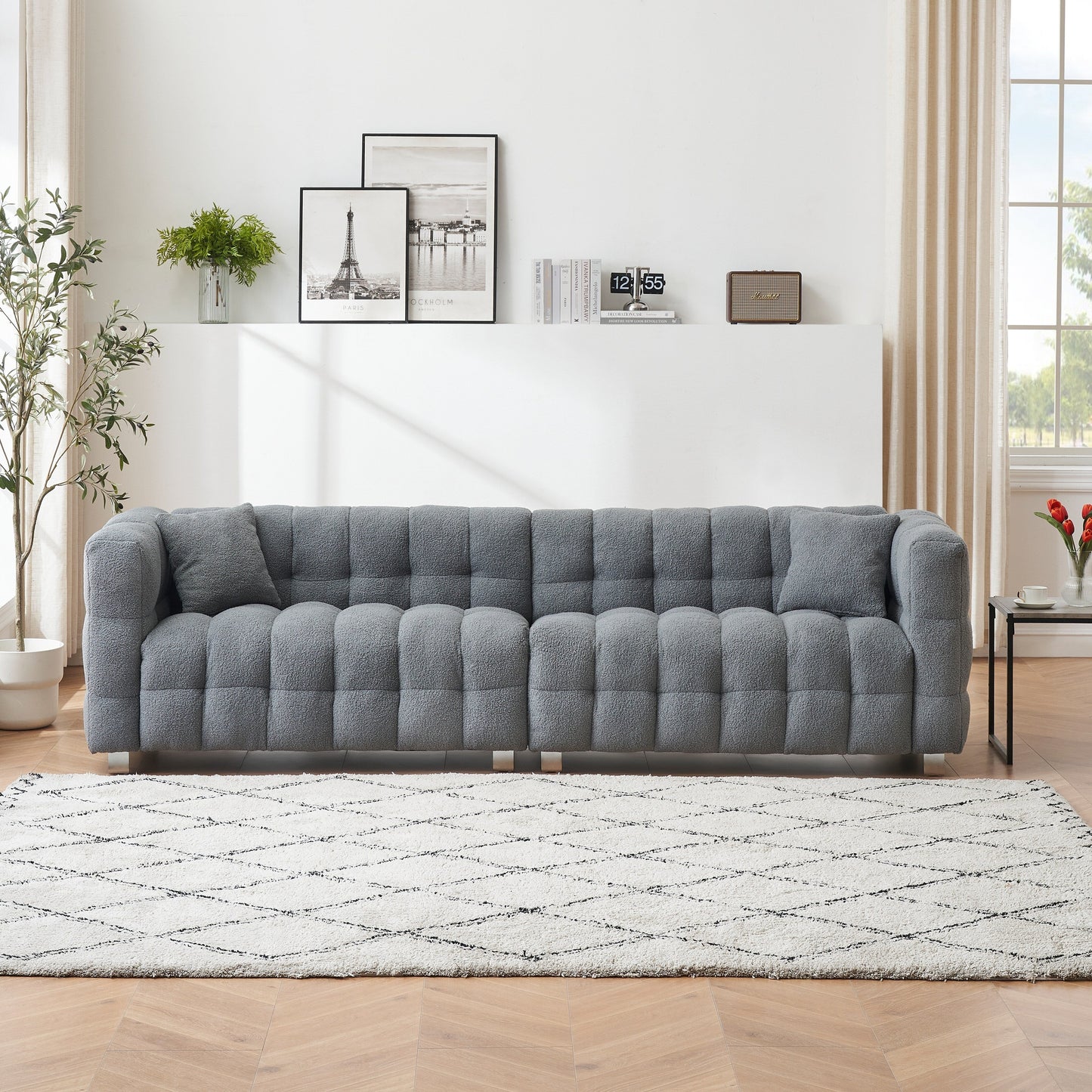 Canapé 4 places en velours Teddy de 102 pouces avec pieds en métal et coussins décoratifs, design multidirectionnel moderne pour le salon