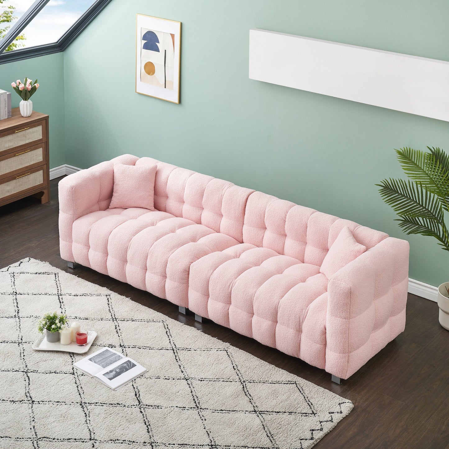 Canapé 4 places en velours Teddy de 102 pouces avec pieds en métal et coussins décoratifs, design multidirectionnel moderne pour le salon