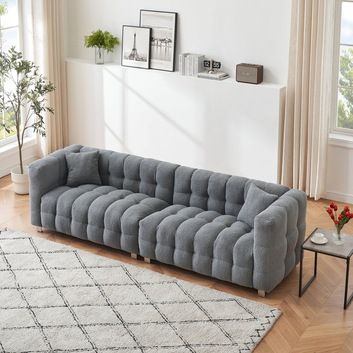 Canapé 4 places en velours Teddy de 102 pouces avec pieds en métal et coussins décoratifs, design multidirectionnel moderne pour le salon