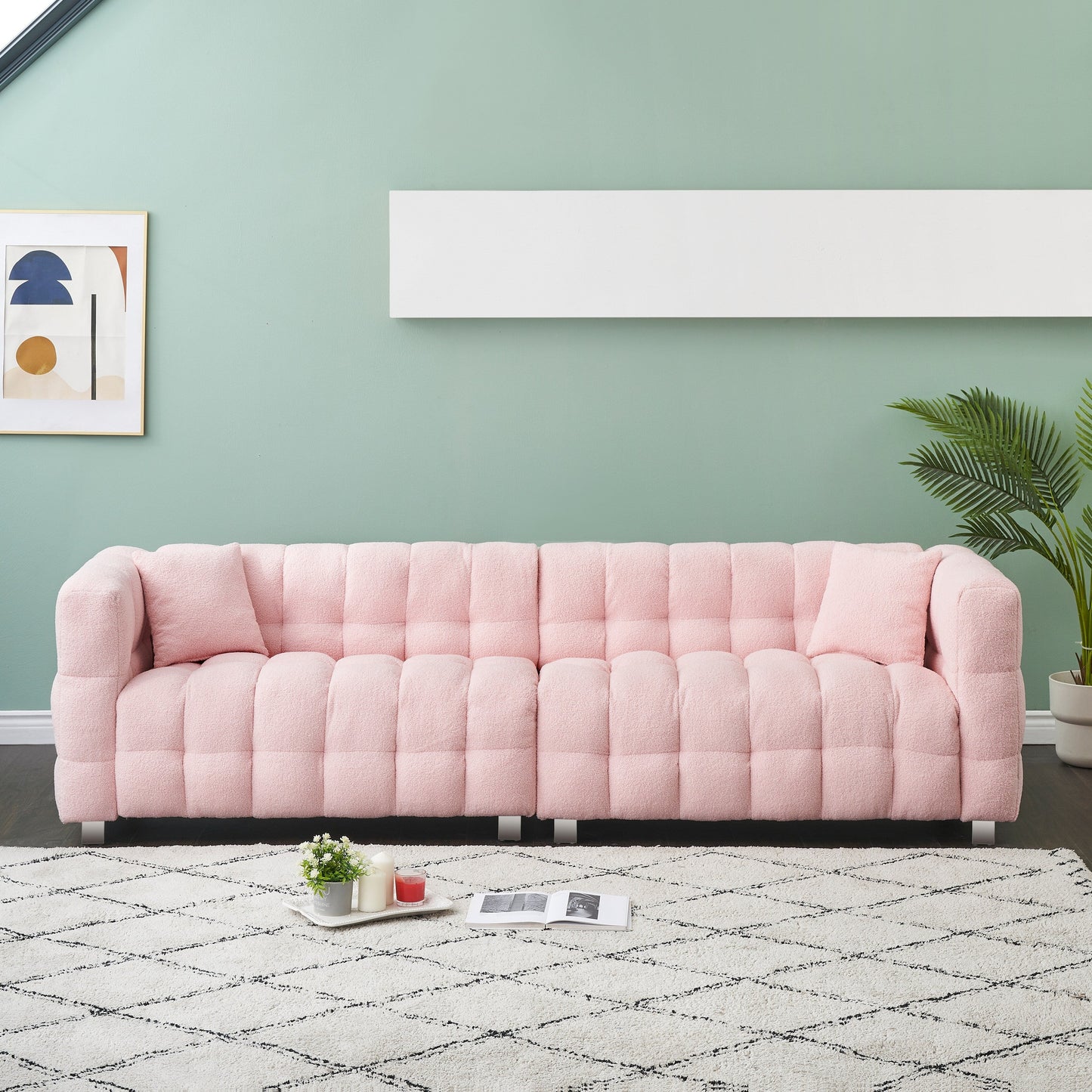 Canapé 4 places en velours Teddy de 102 pouces avec pieds en métal et coussins décoratifs, design multidirectionnel moderne pour le salon
