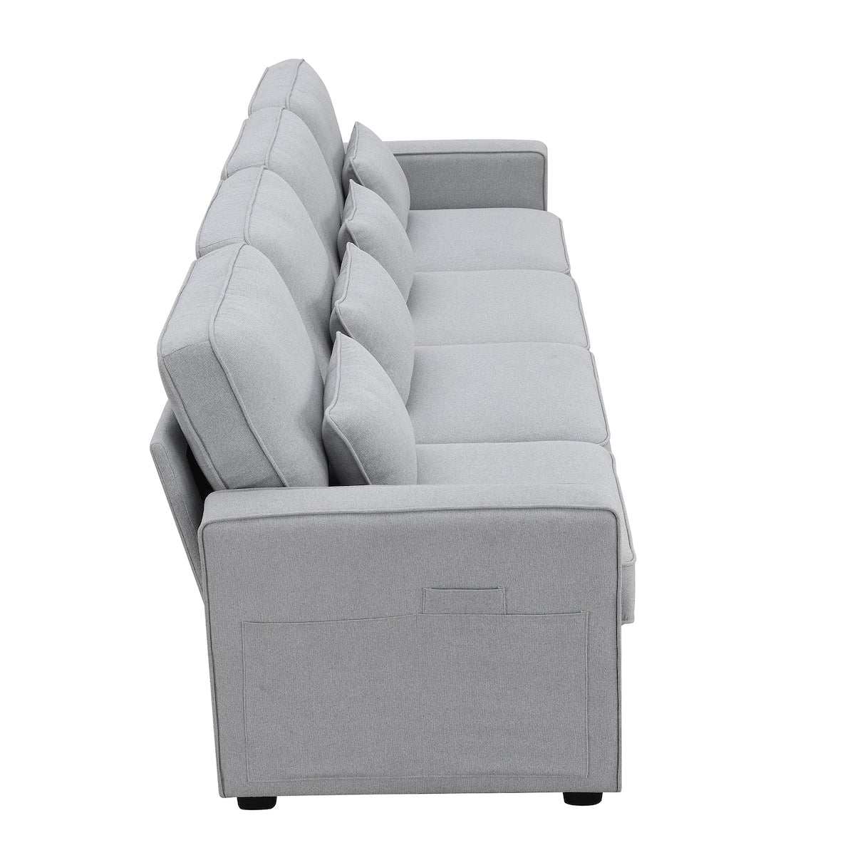 Canapé 4 places moderne en lin avec poches pour accoudoirs et 4 coussins