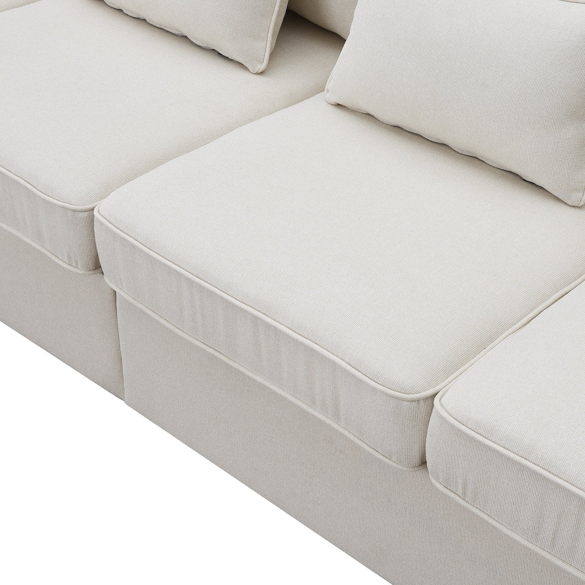 Canapé 4 places moderne en lin avec poches pour accoudoirs et 4 coussins