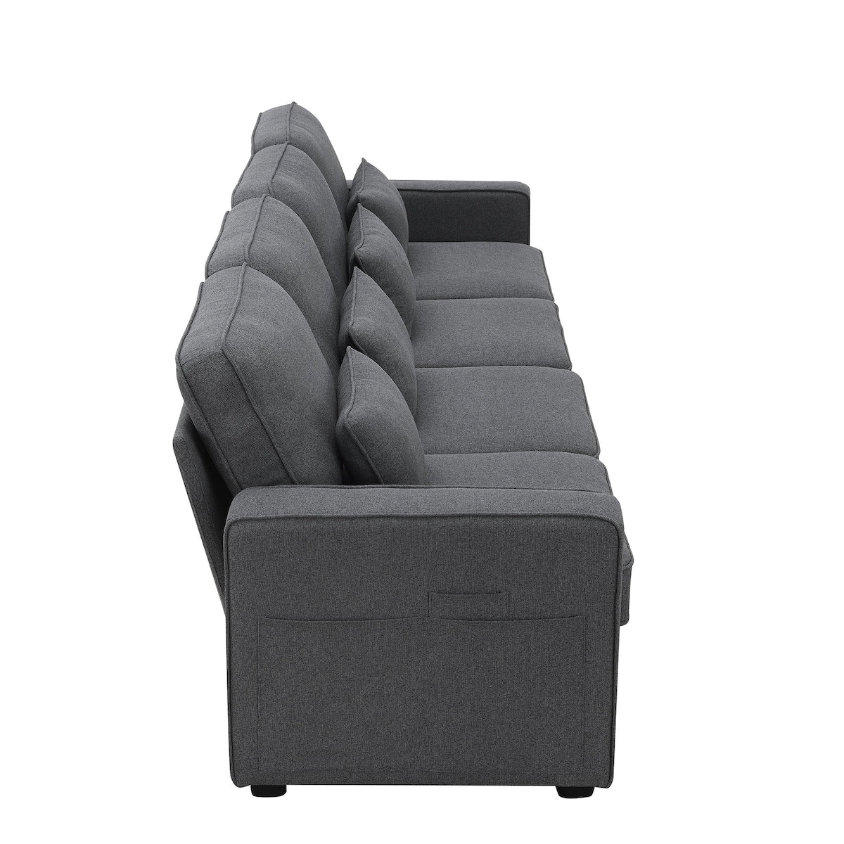 Canapé 4 places moderne en lin avec poches pour accoudoirs et 4 coussins