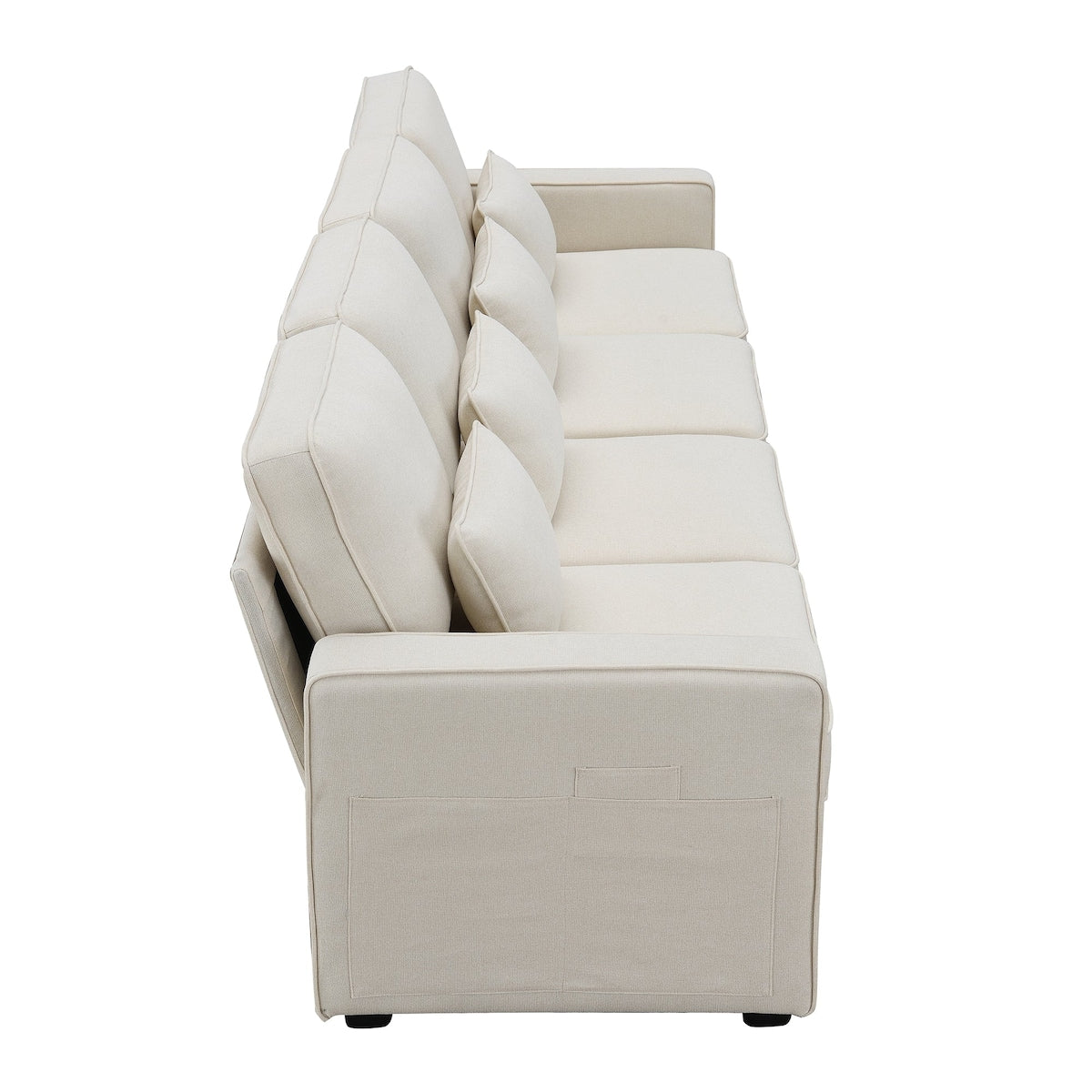 Canapé 4 places moderne en lin avec poches pour accoudoirs et 4 coussins