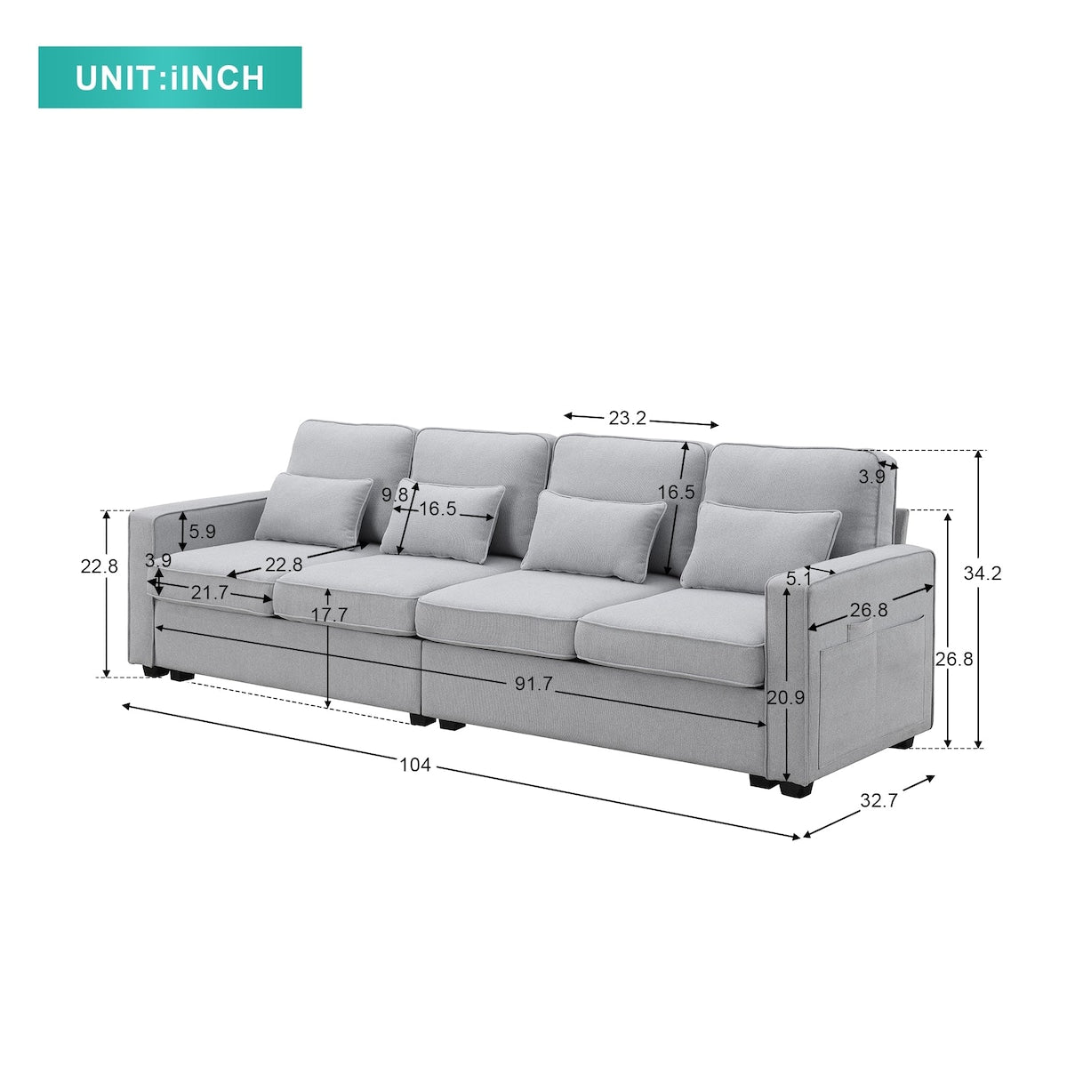 Canapé 4 places moderne en lin avec poches pour accoudoirs et 4 coussins