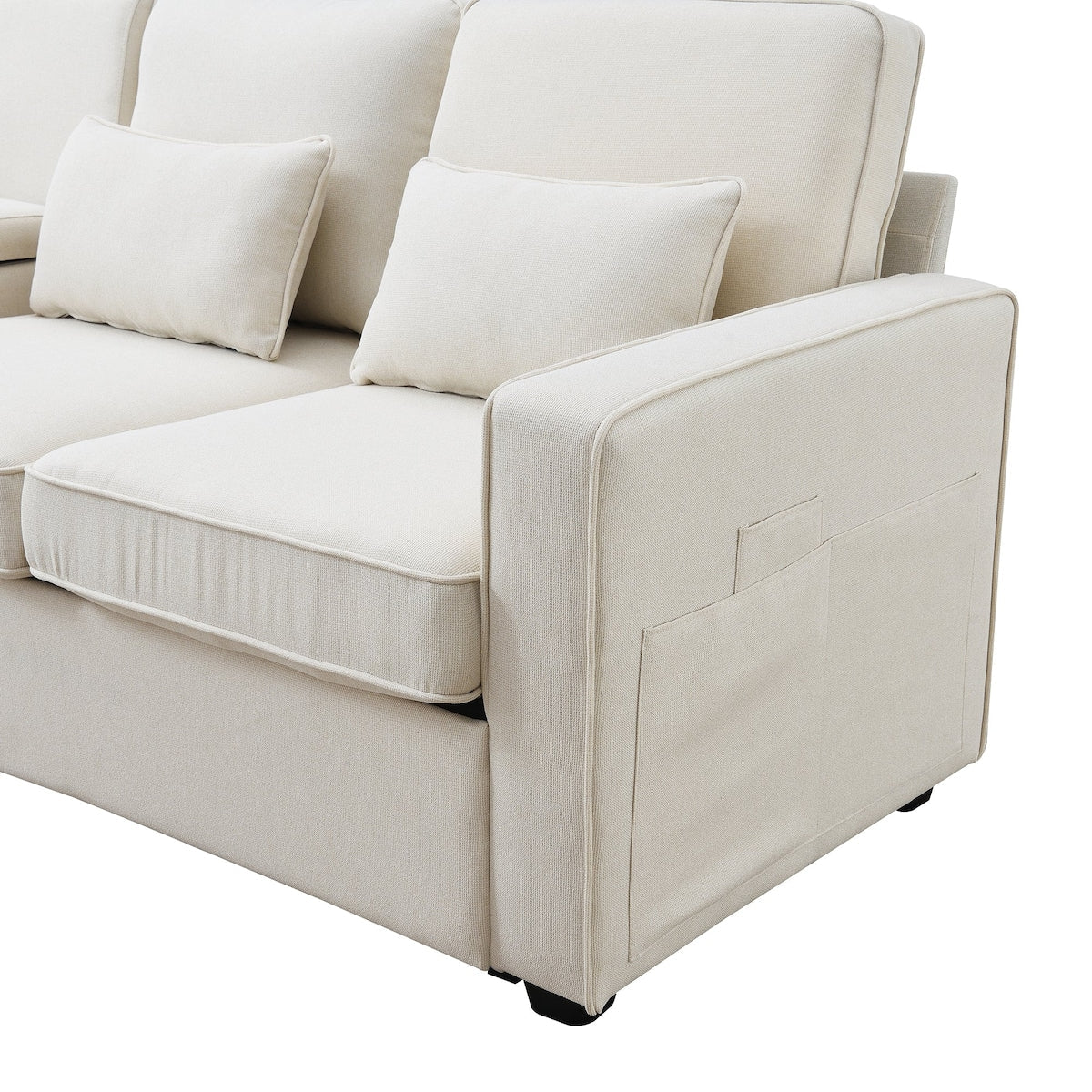 Canapé 4 places moderne en lin avec poches pour accoudoirs et 4 coussins