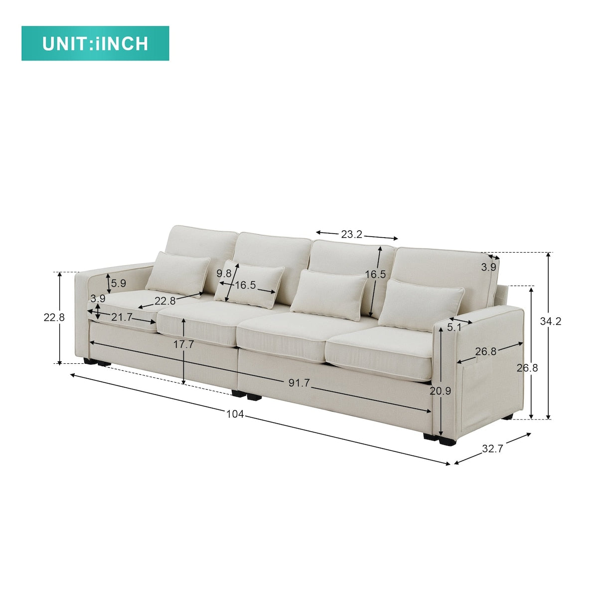 Canapé 4 places moderne en lin avec poches pour accoudoirs et 4 coussins