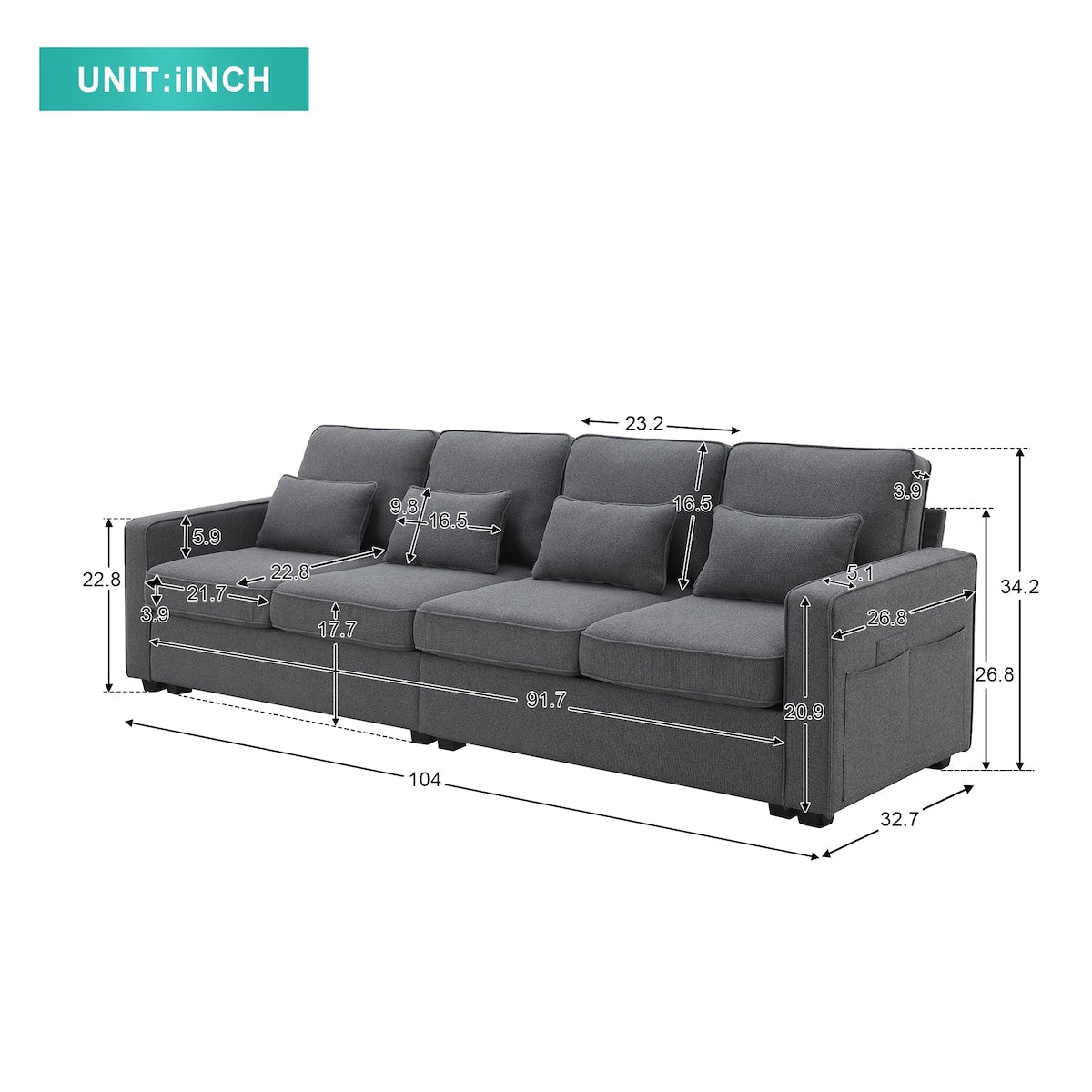 Canapé 4 places moderne en lin avec poches pour accoudoirs et 4 coussins