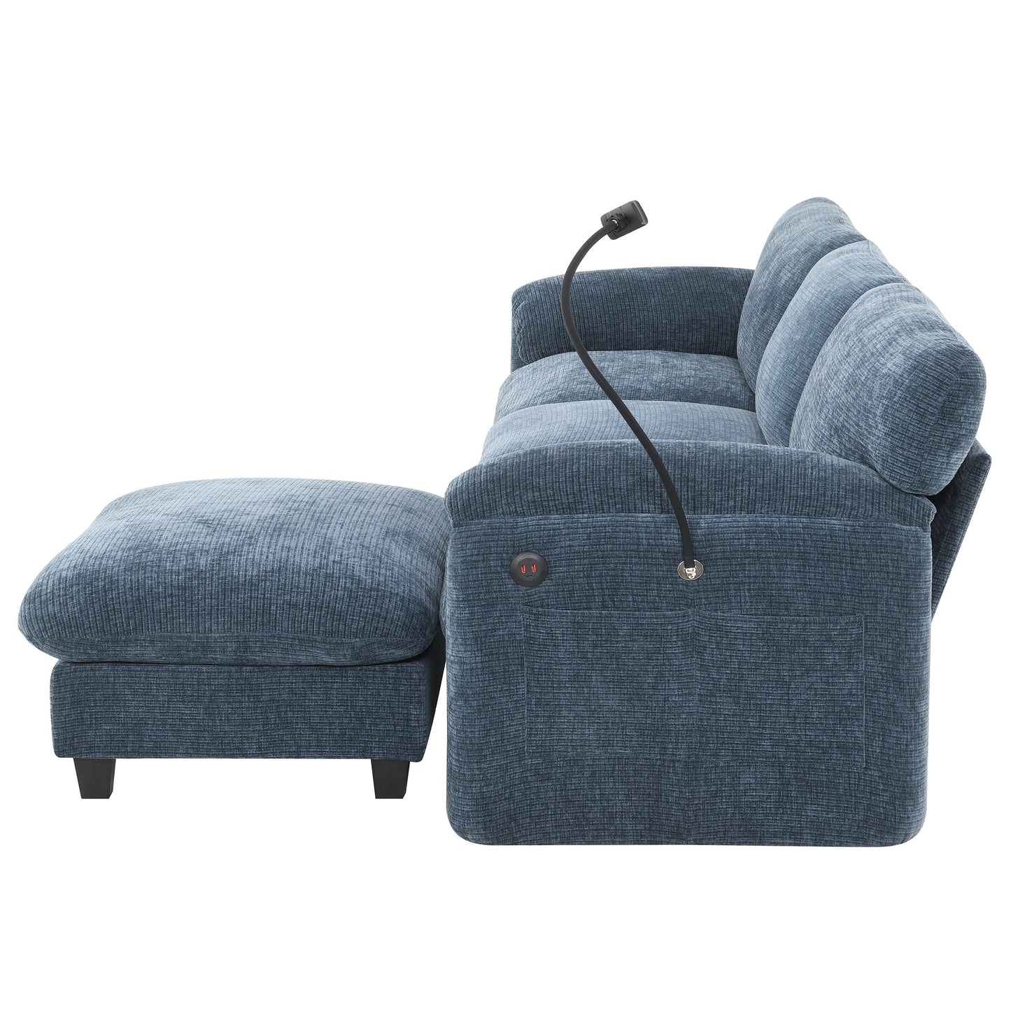 Canapé sectionnel modulaire en chenille de 108 pouces avec ports USB et Type-C, supports pour téléphone, poches de rangement latérales et pouf amovible