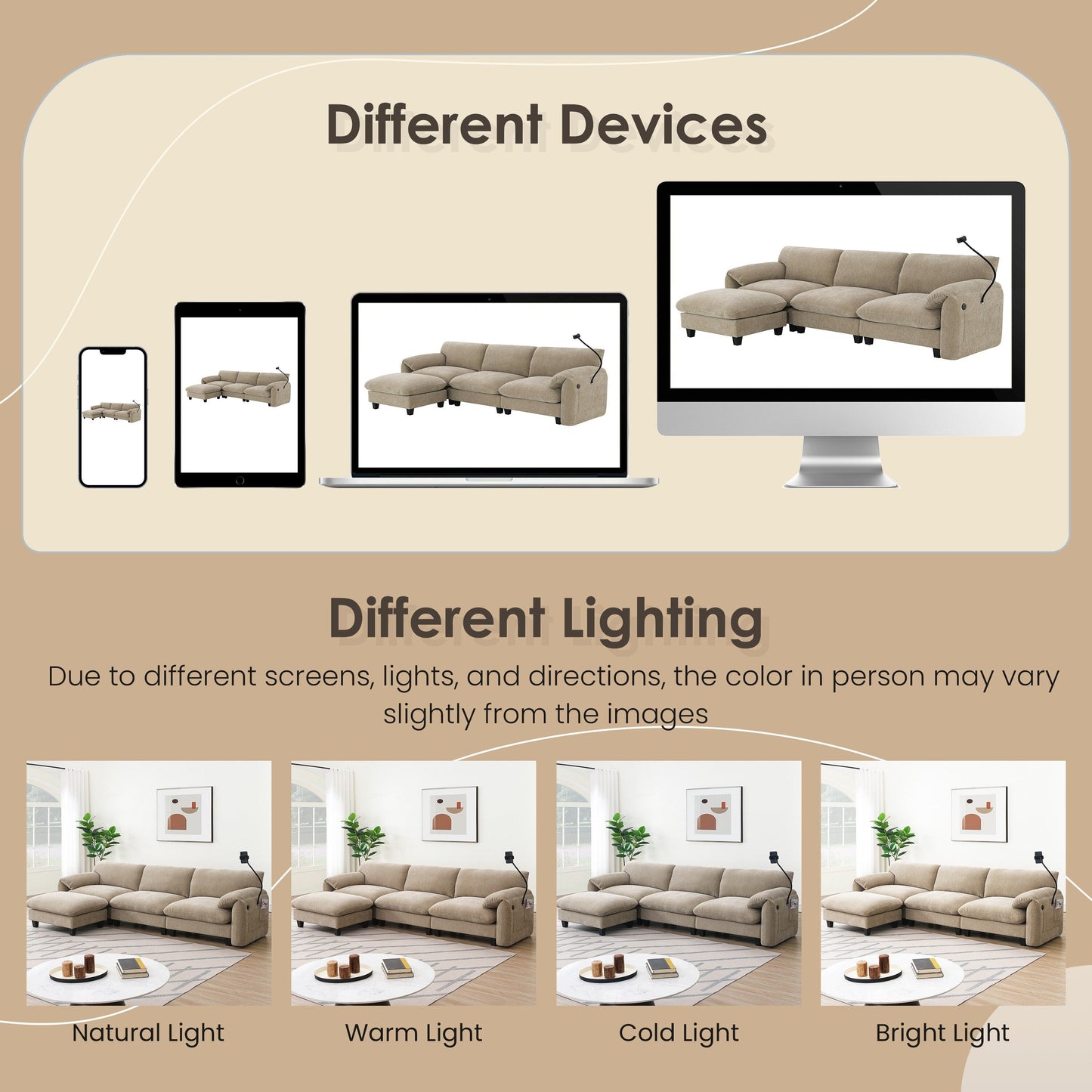 Canapé sectionnel modulaire en chenille de 108 pouces avec ports USB et Type-C, supports pour téléphone, poches de rangement latérales et pouf amovible