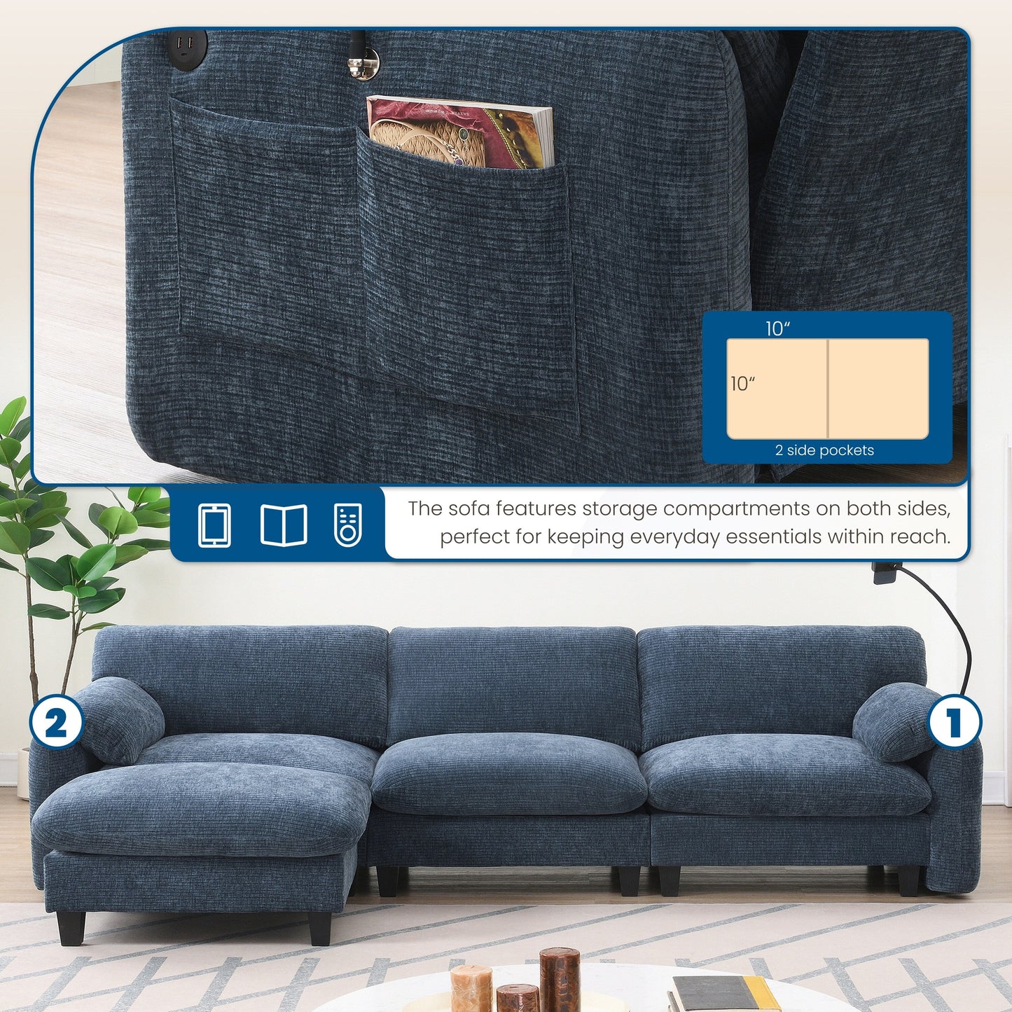 Canapé sectionnel modulaire en chenille de 108 pouces avec ports USB et Type-C, supports pour téléphone, poches de rangement latérales et pouf amovible