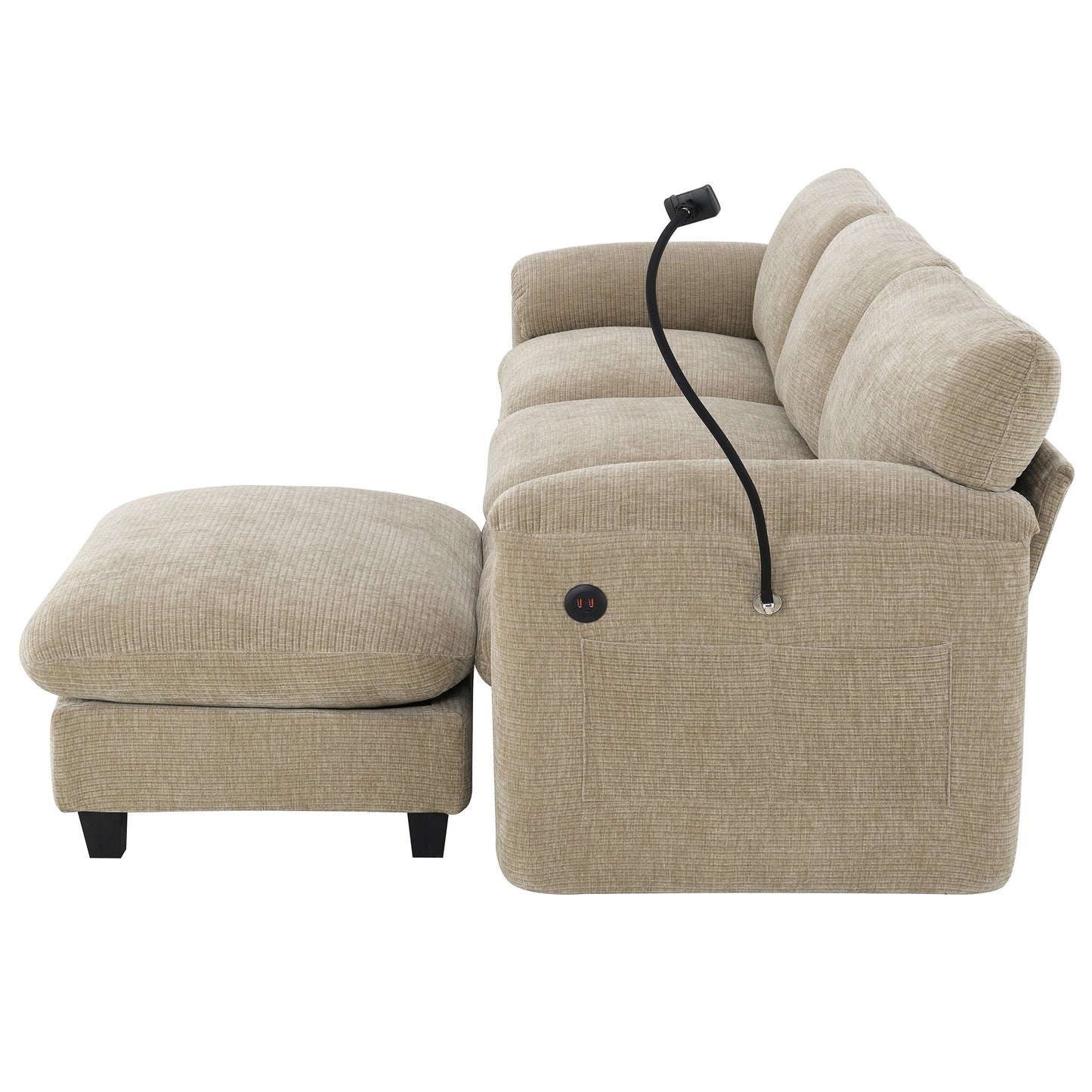 Canapé sectionnel modulaire en chenille de 108 pouces avec ports USB et Type-C, supports pour téléphone, poches de rangement latérales et pouf amovible