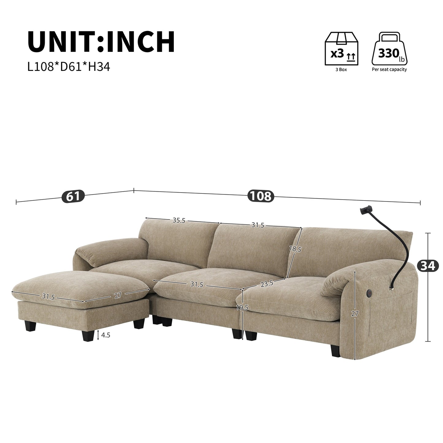 Canapé sectionnel modulaire en chenille de 108 pouces avec ports USB et Type-C, supports pour téléphone, poches de rangement latérales et pouf amovible