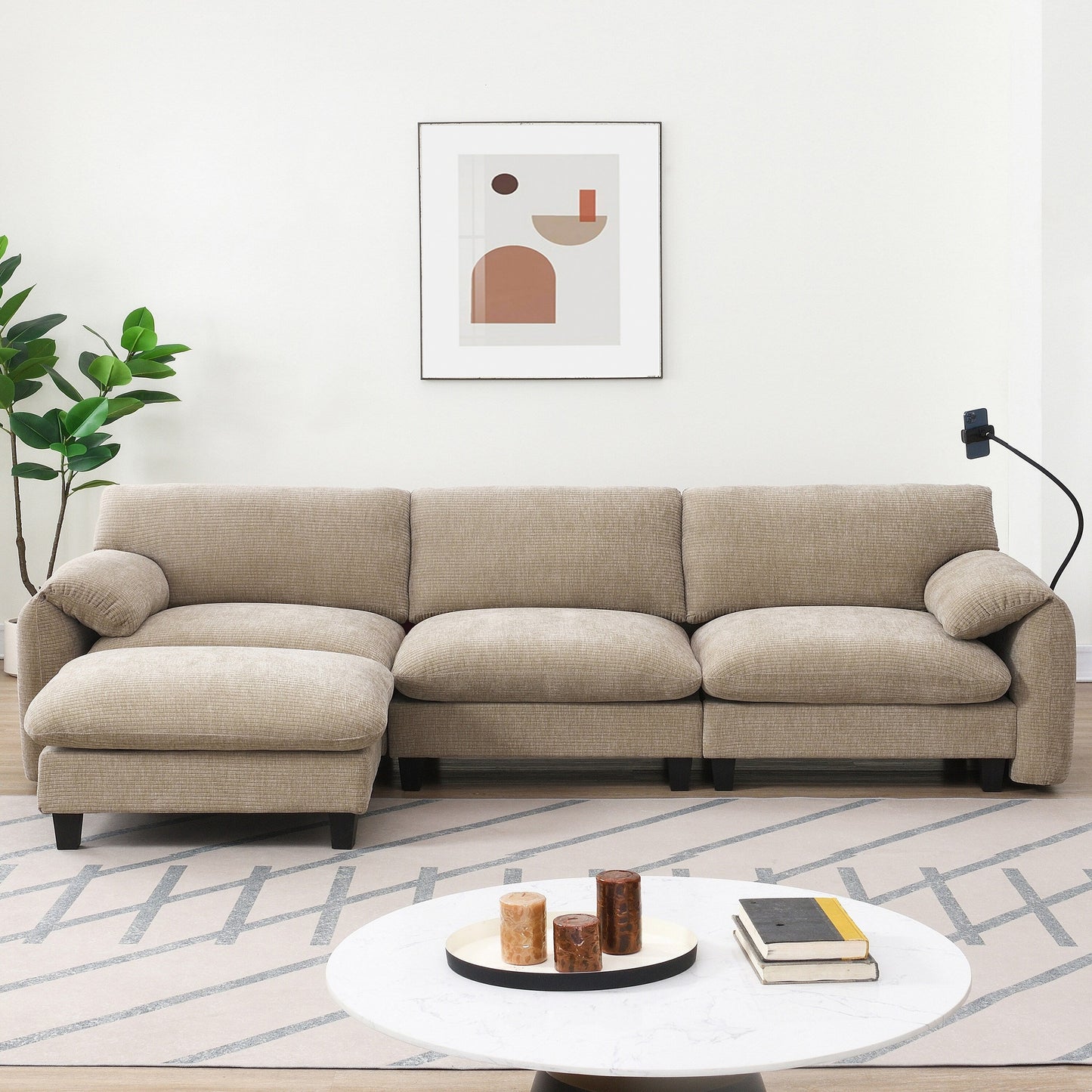 Canapé sectionnel modulaire en chenille de 108 pouces avec ports USB et Type-C, supports pour téléphone, poches de rangement latérales et pouf amovible