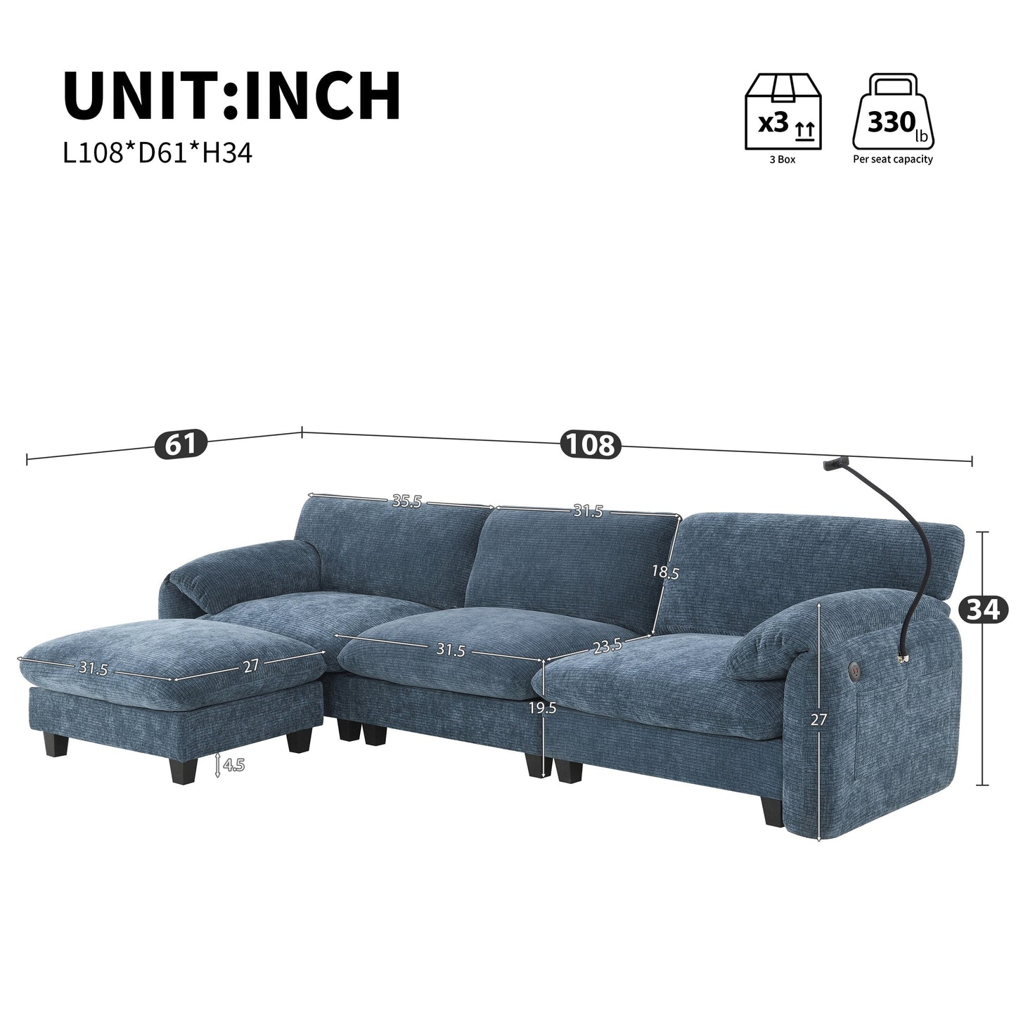 Canapé sectionnel modulaire en chenille de 108 pouces avec ports USB et Type-C, supports pour téléphone, poches de rangement latérales et pouf amovible