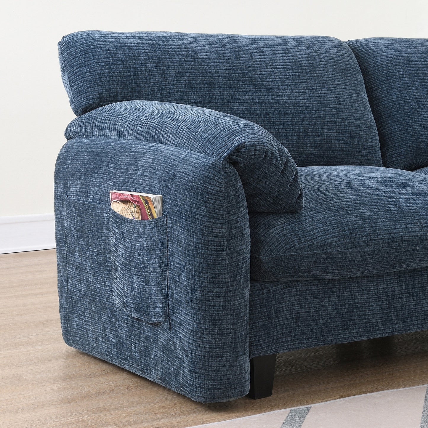 Canapé sectionnel modulaire en chenille de 108 pouces avec ports USB et Type-C, supports pour téléphone, poches de rangement latérales et pouf amovible