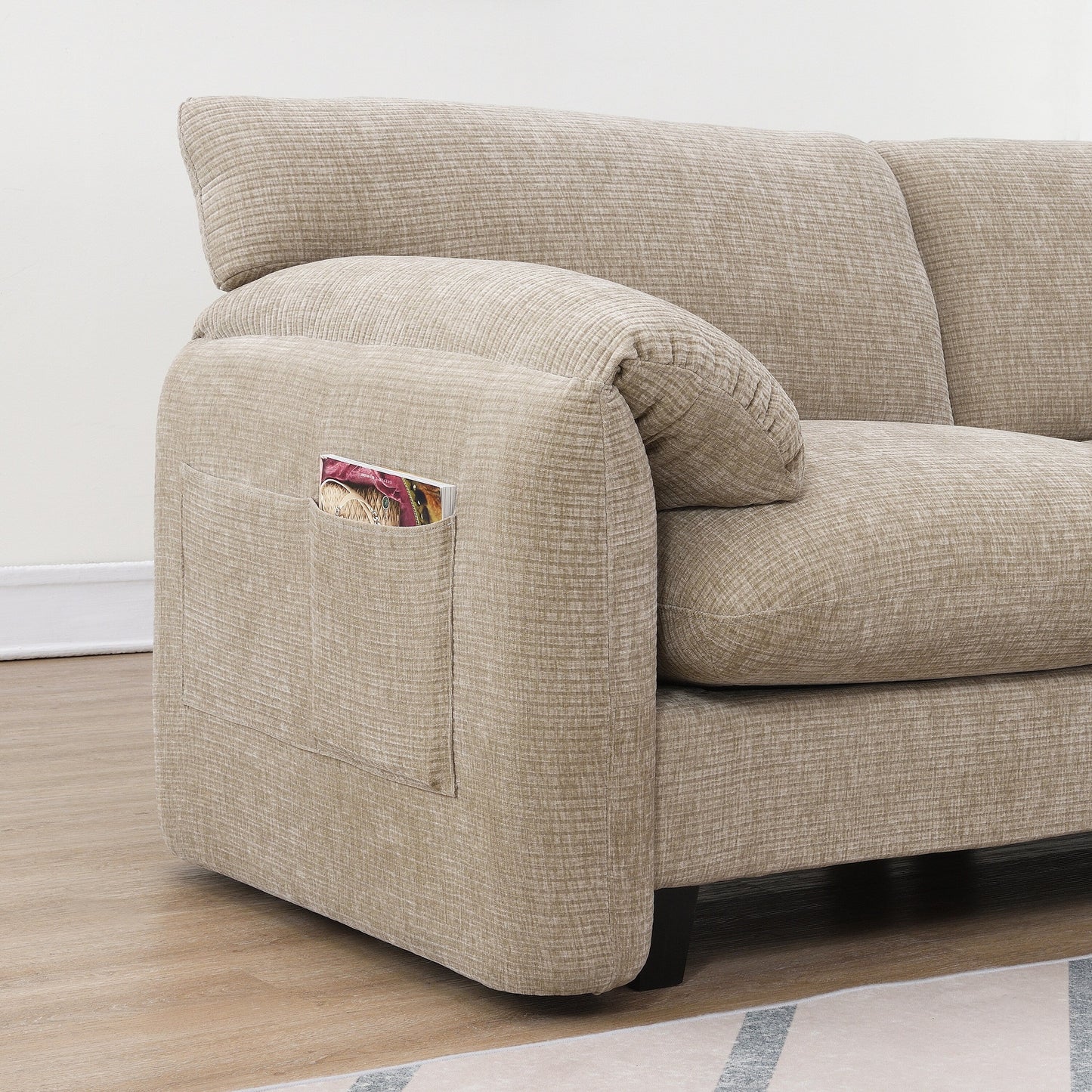 Canapé sectionnel modulaire en chenille de 108 pouces avec ports USB et Type-C, supports pour téléphone, poches de rangement latérales et pouf amovible