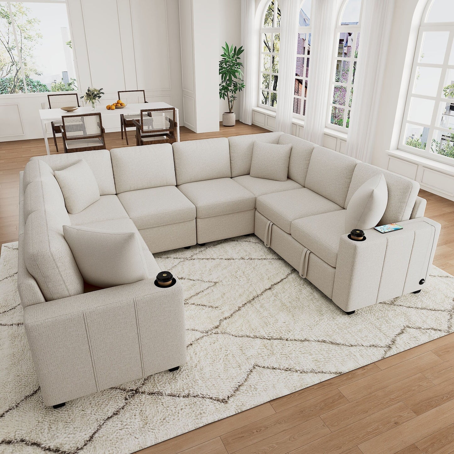 Canapé sectionnel modulaire en U de 108 pouces avec canapé-lit gigogne, ports USB et deux porte-gobelets pour le salon