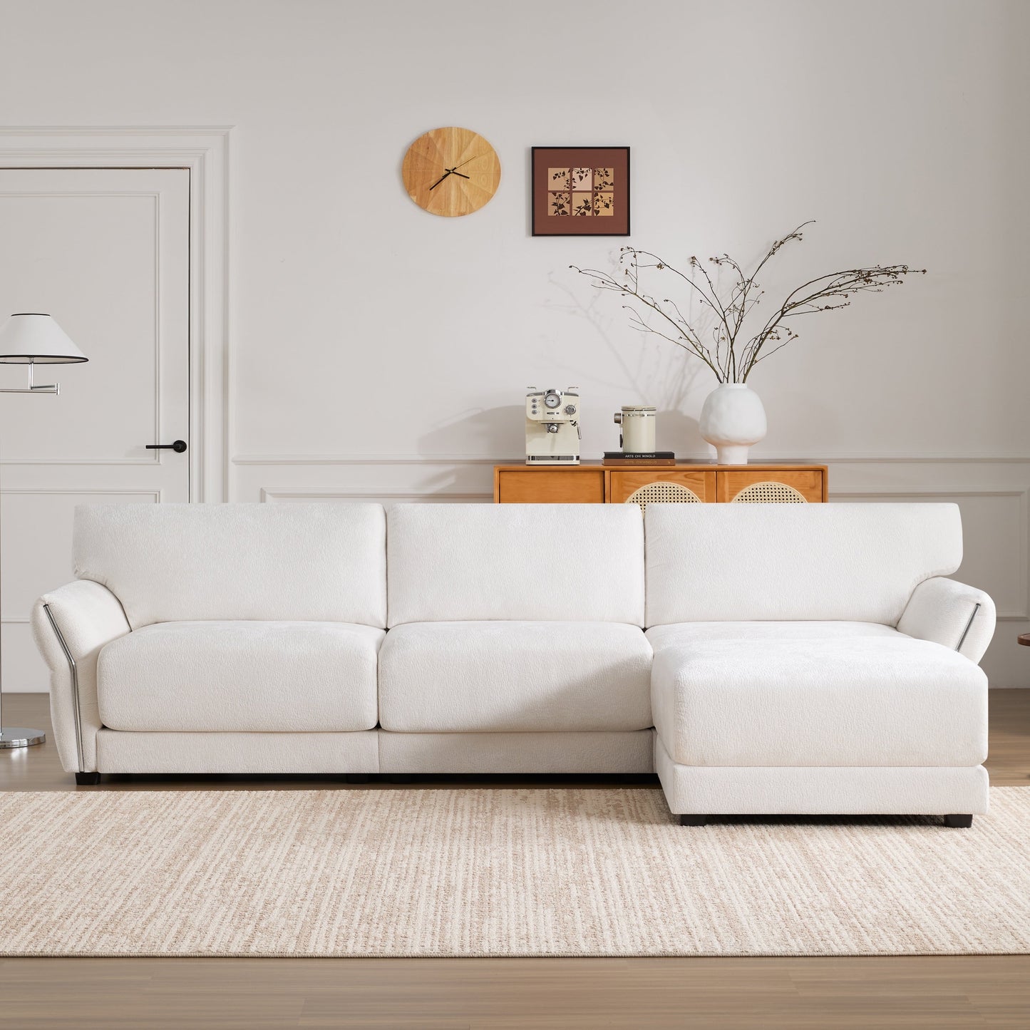 Canapé sectionnel en chenille de 110 pouces en forme de L avec chargement USB et Type-C, accoudoirs en pétales et pouf amovible pour le salon